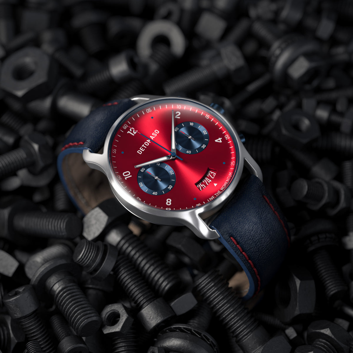 DeTomaso SORPASSO Orologio Uomo Cronografo – Quadrante Rosso, Cinturino Pelle Blu, Cassa Acciaio 316L