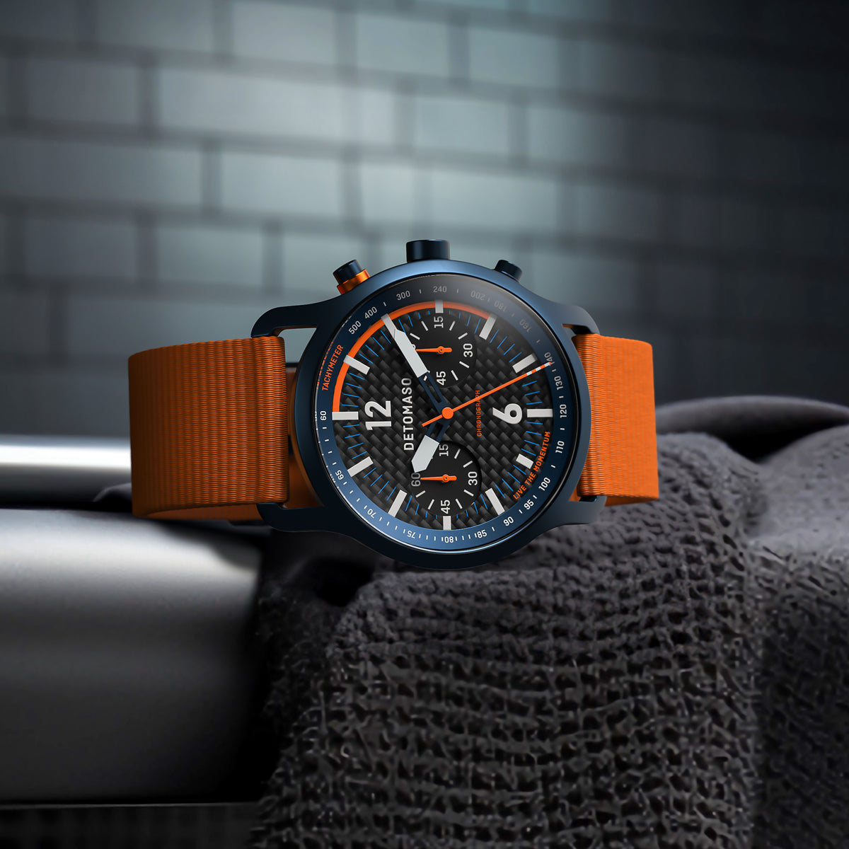 DeTomaso D10 Chronograph Limited Edition Blue Yellow herenhorloge, analoog, kwarts, mesh, Milanees, blauw geborsteld, blauw, armband DeTomaso D10 Chronograph Limited Edition Blue Yellow herenhorloge, analoog, kwarts, mesh, Milanees, blauw geborsteld, blauw, armband