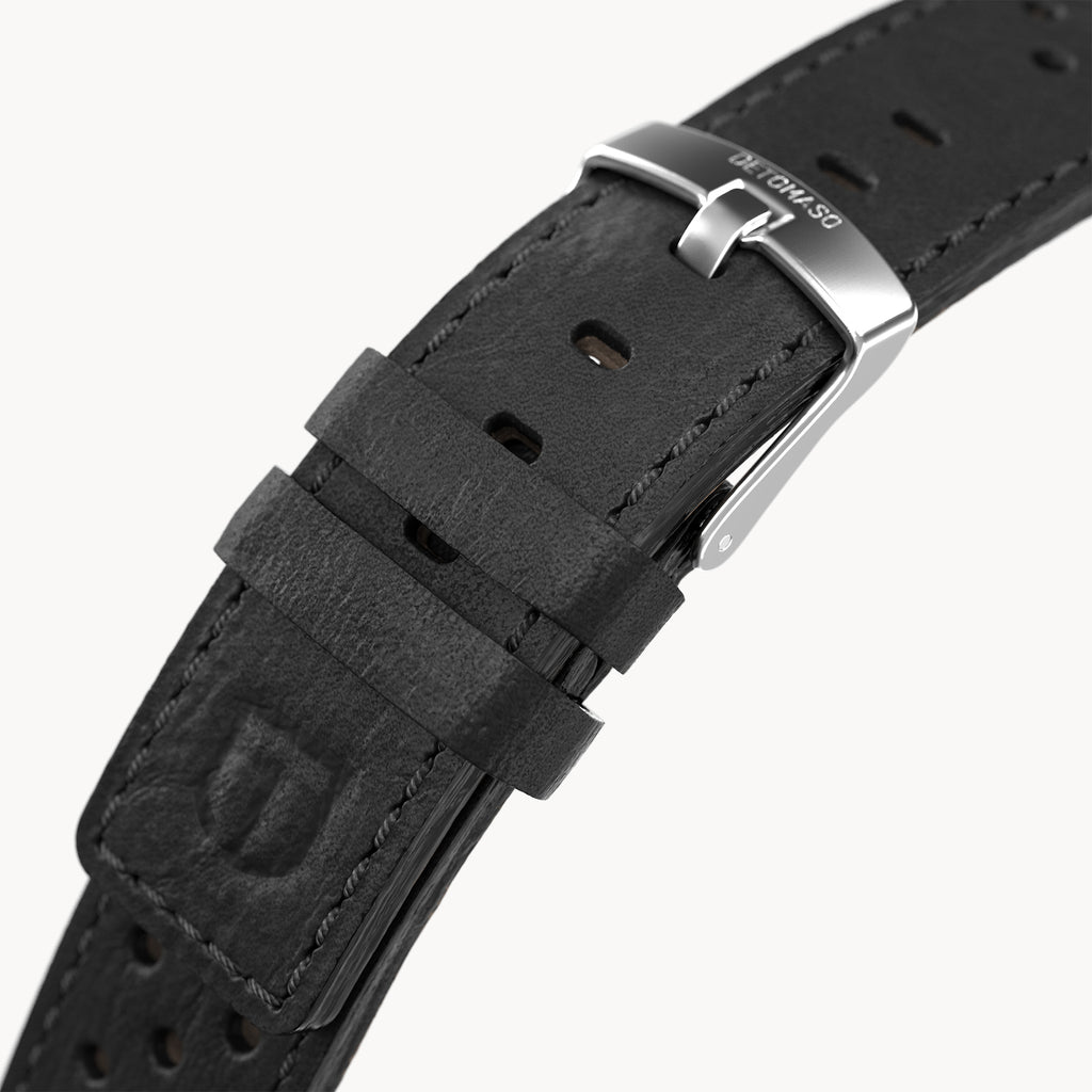 LEATHER STRAP RACING BLACK - Silber matt gebürste - - Detomaso Watches