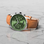 SORPASSO CHRONOGRAPH LIMITED EDITION SILVER GREEN - Leather Brown Classic - Detomaso Watches