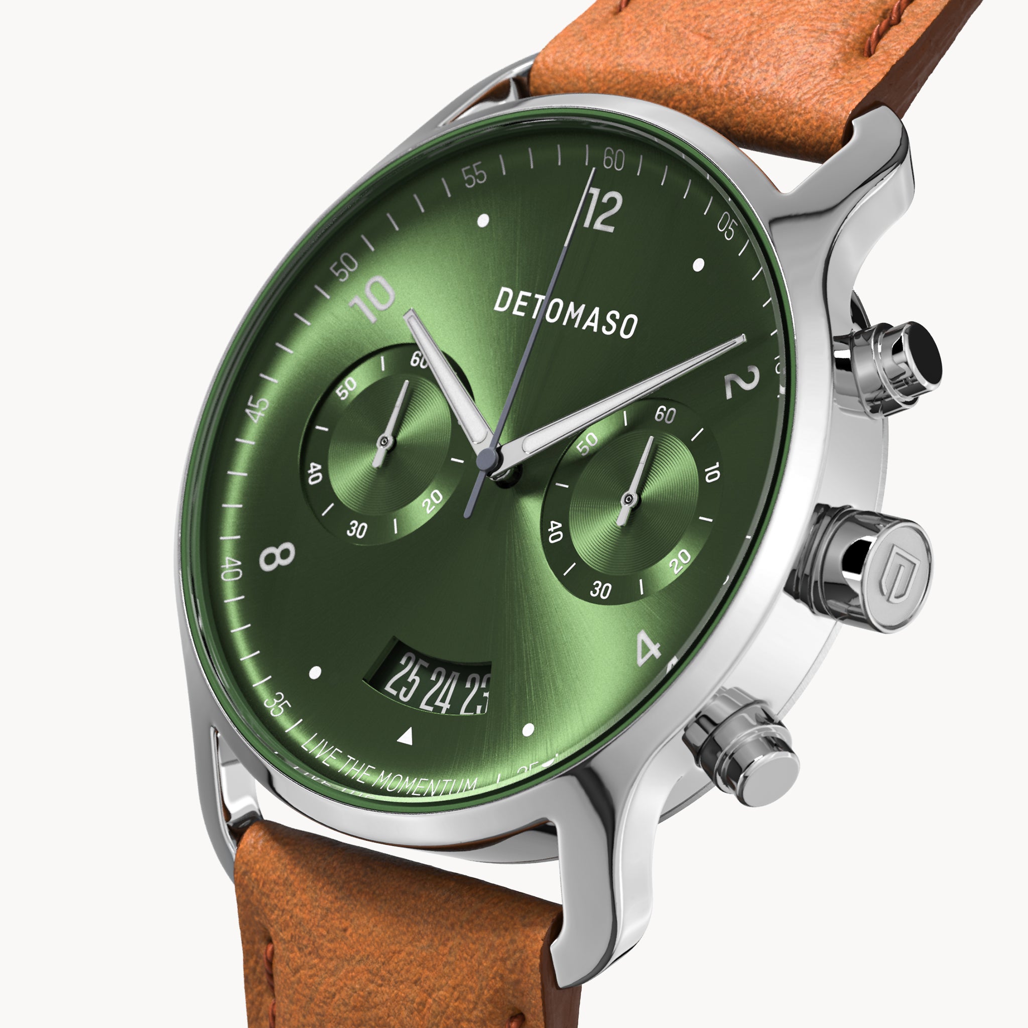 SORPASSO CHRONOGRAPH LIMITED EDITION SILVER GREEN - Leather Brown Classic - Detomaso Watches