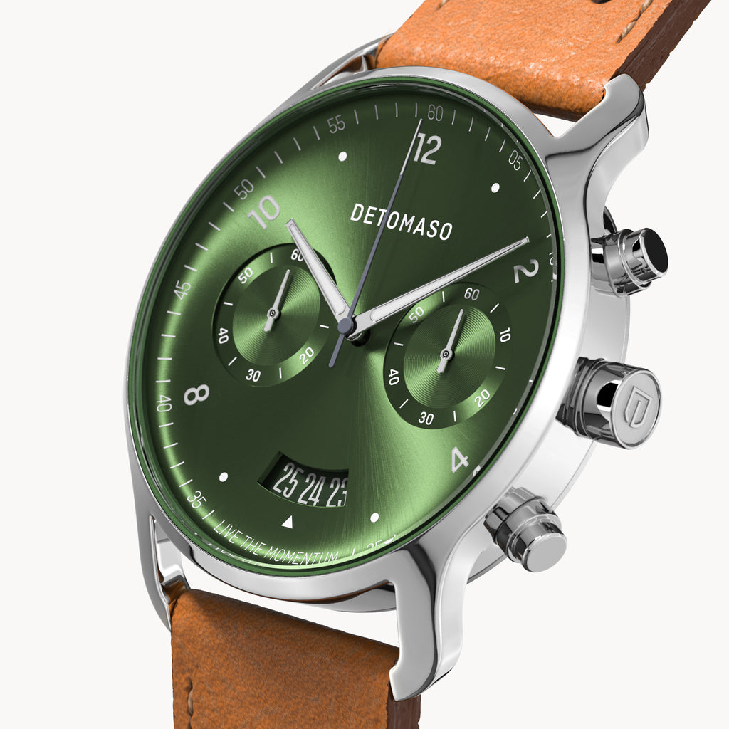 SORPASSO CHRONOGRAPH LIMITED EDITION SILVER GREEN - Leather Light brown Racing - Detomaso Watches