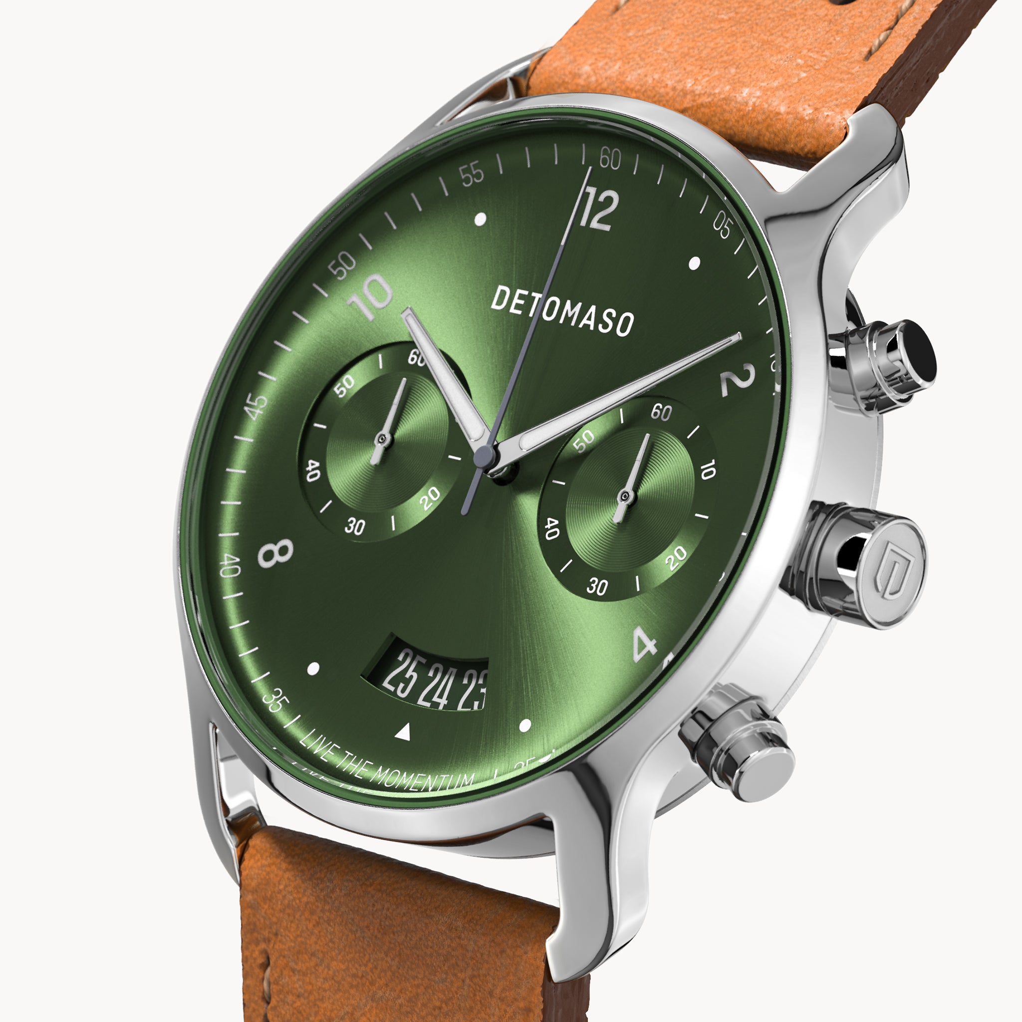 SORPASSO CHRONOGRAPH LIMITED EDITION SILVER GREEN - Leather Light brown Racing - Detomaso Watches