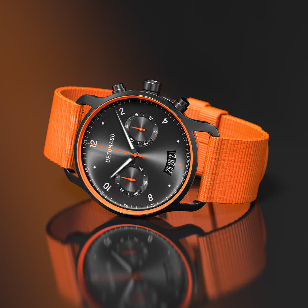 SORPASSO CHRONOGRAPH VELOCITÀ BLACK ORANGE - Ocean Plastic Orange Woven - Detomaso Watches