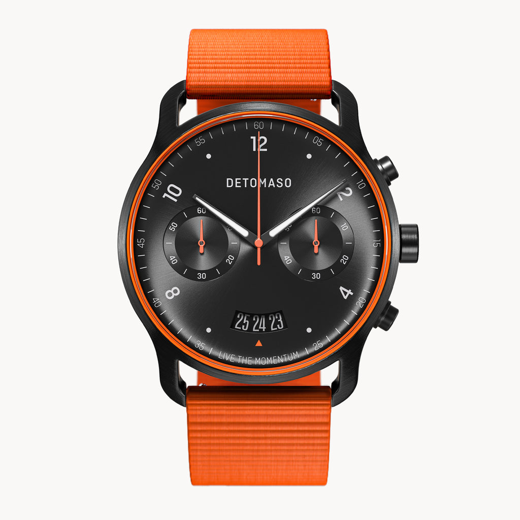 SORPASSO CHRONOGRAPH VELOCITÀ BLACK ORANGE - Ocean Plastic Orange Woven - Detomaso Watches
