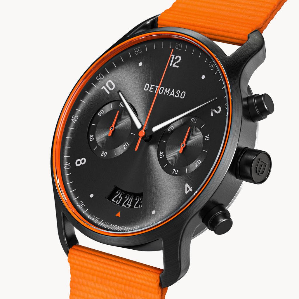 SORPASSO CHRONOGRAPH VELOCITÀ BLACK ORANGE - Ocean Plastic Orange Woven - Detomaso Watches