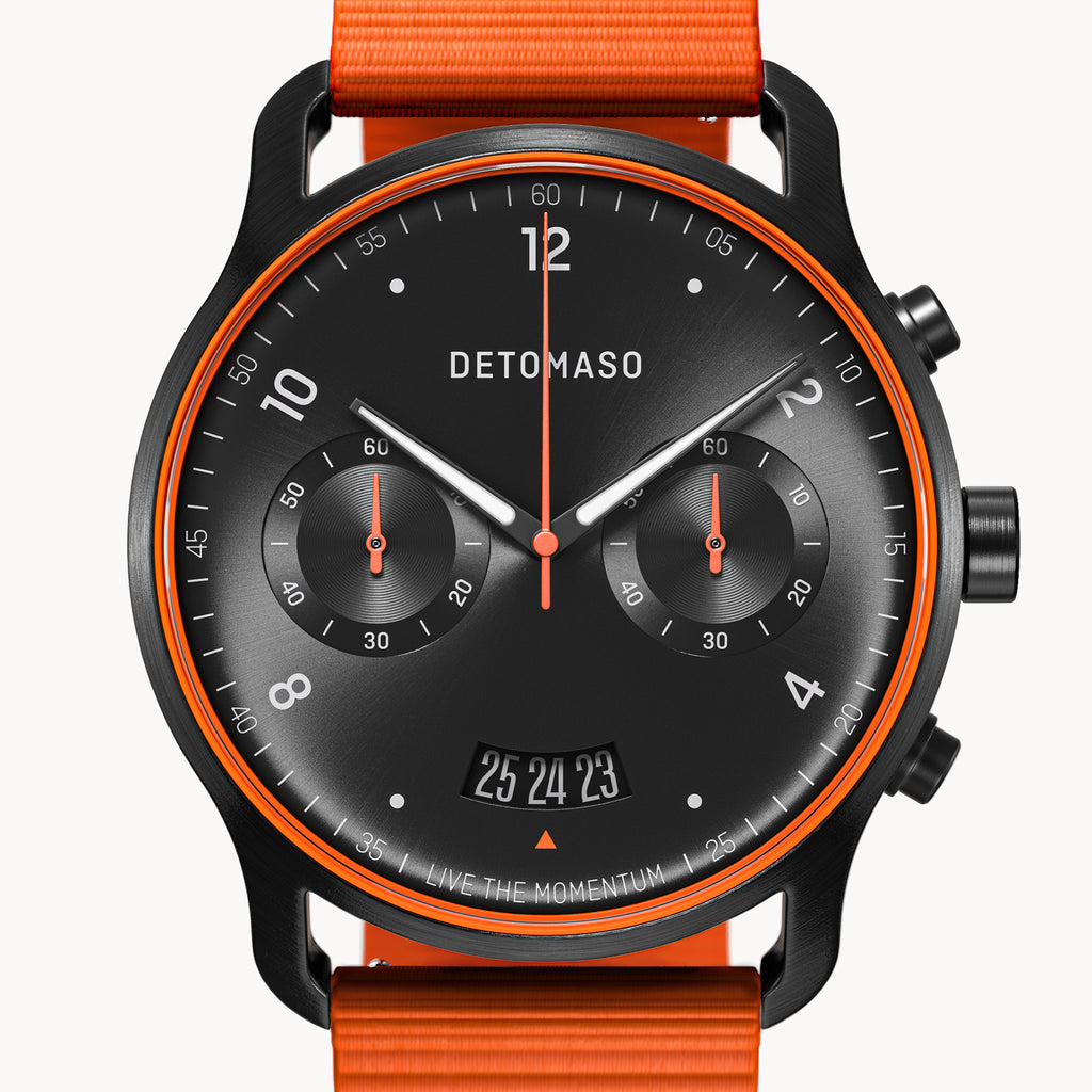 SORPASSO CHRONOGRAPH VELOCITÀ BLACK ORANGE - Ocean Plastic Orange Woven - Detomaso Watches