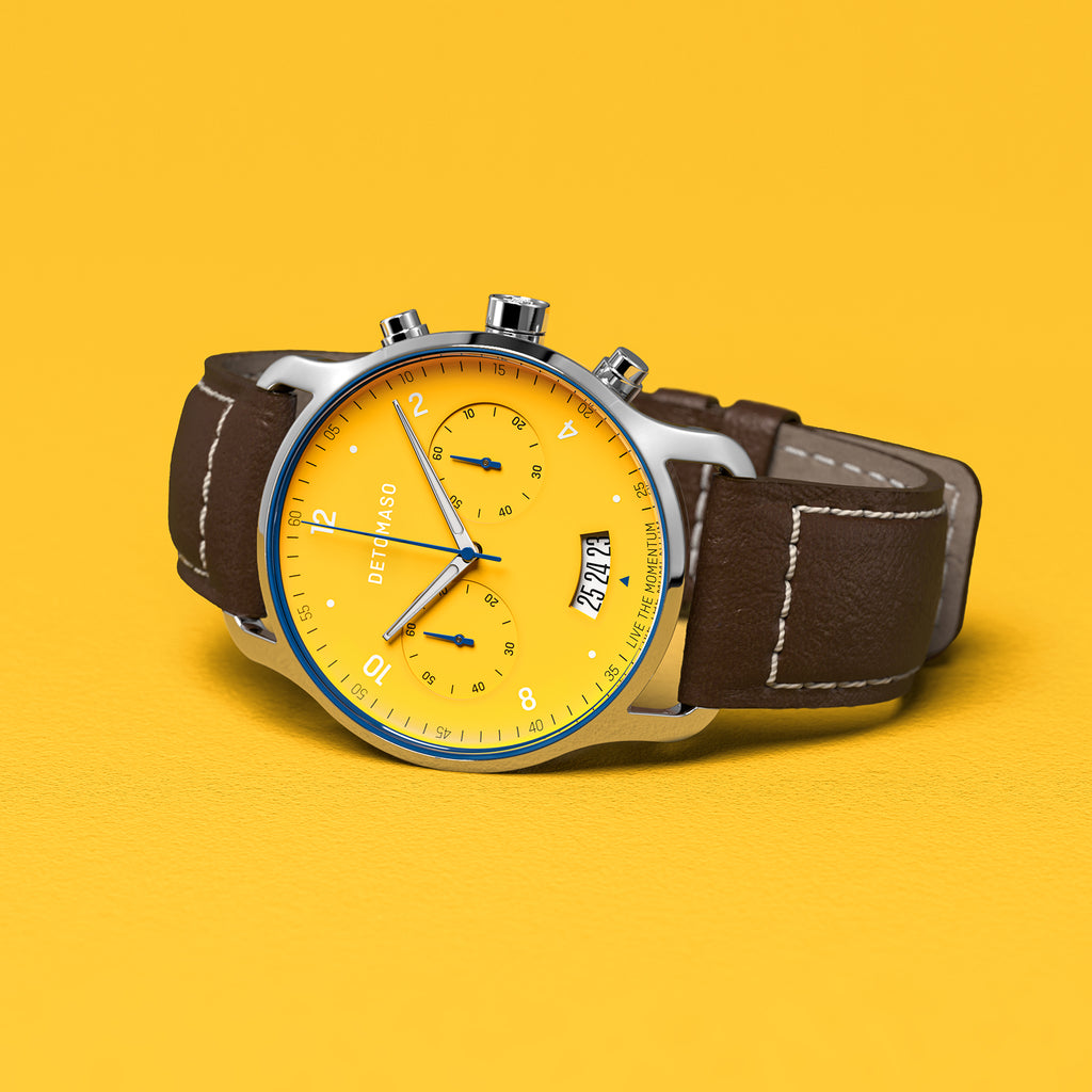 SORPASSO CHRONOGRAPH GIALLO - Leather Dark brown Ecru - Detomaso Watches