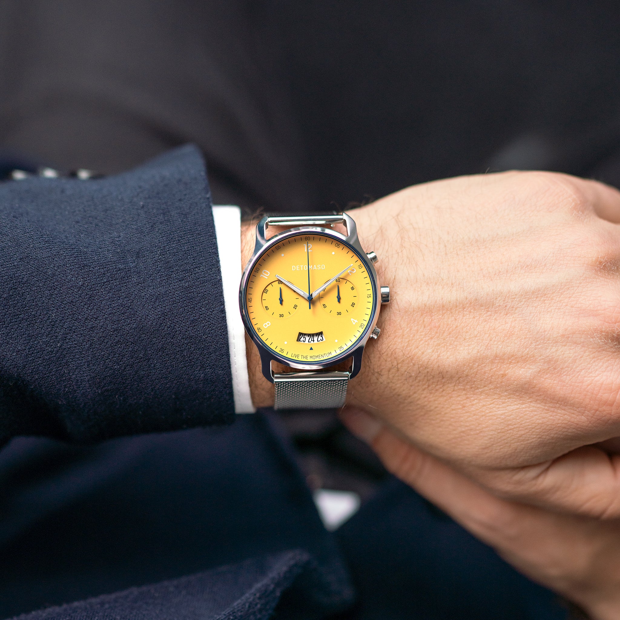 SORPASSO CHRONOGRAPH GIALLO - Mesh Silver Glossy - Detomaso Watches