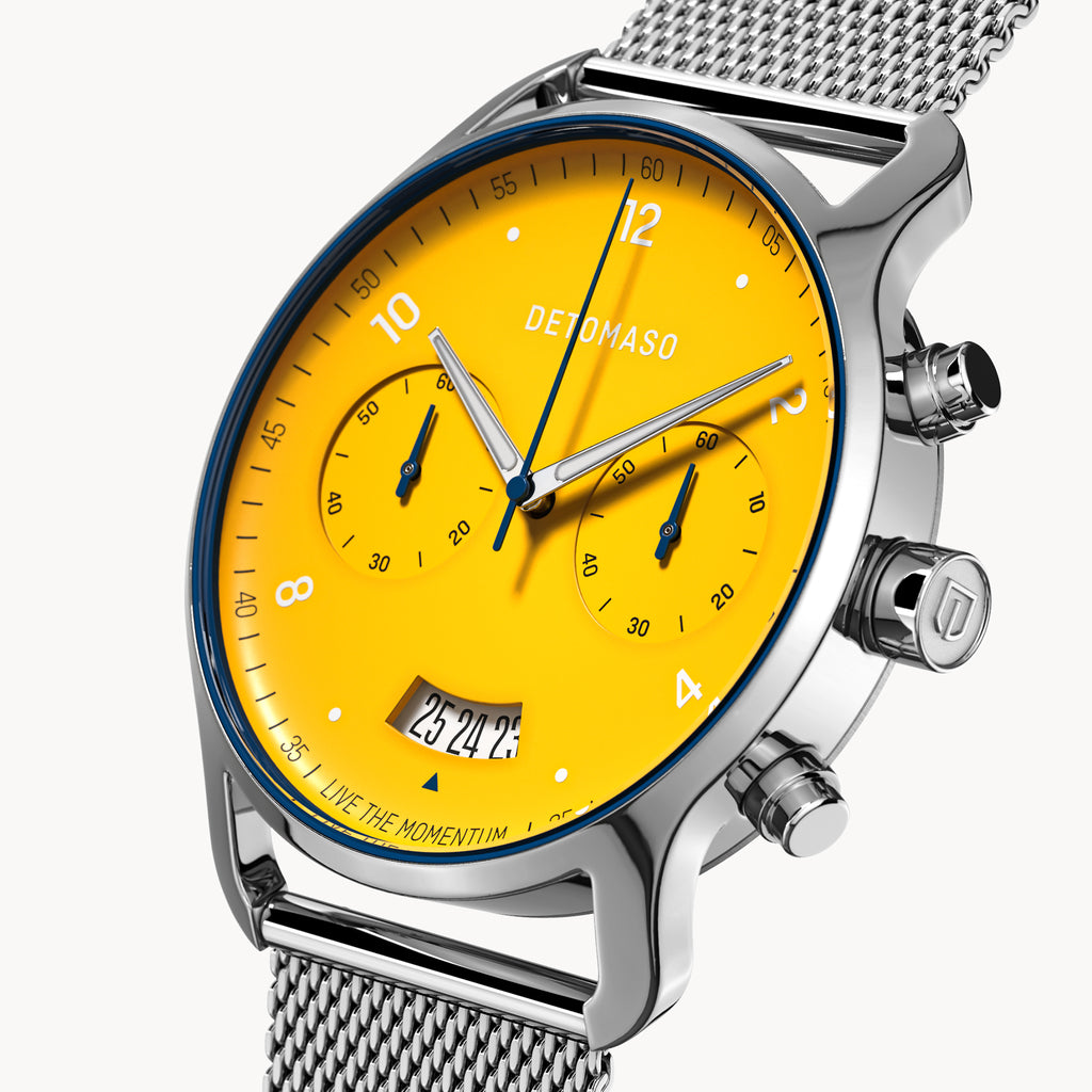 SORPASSO CHRONOGRAPH GIALLO - Mesh Silver Glossy - Detomaso Watches