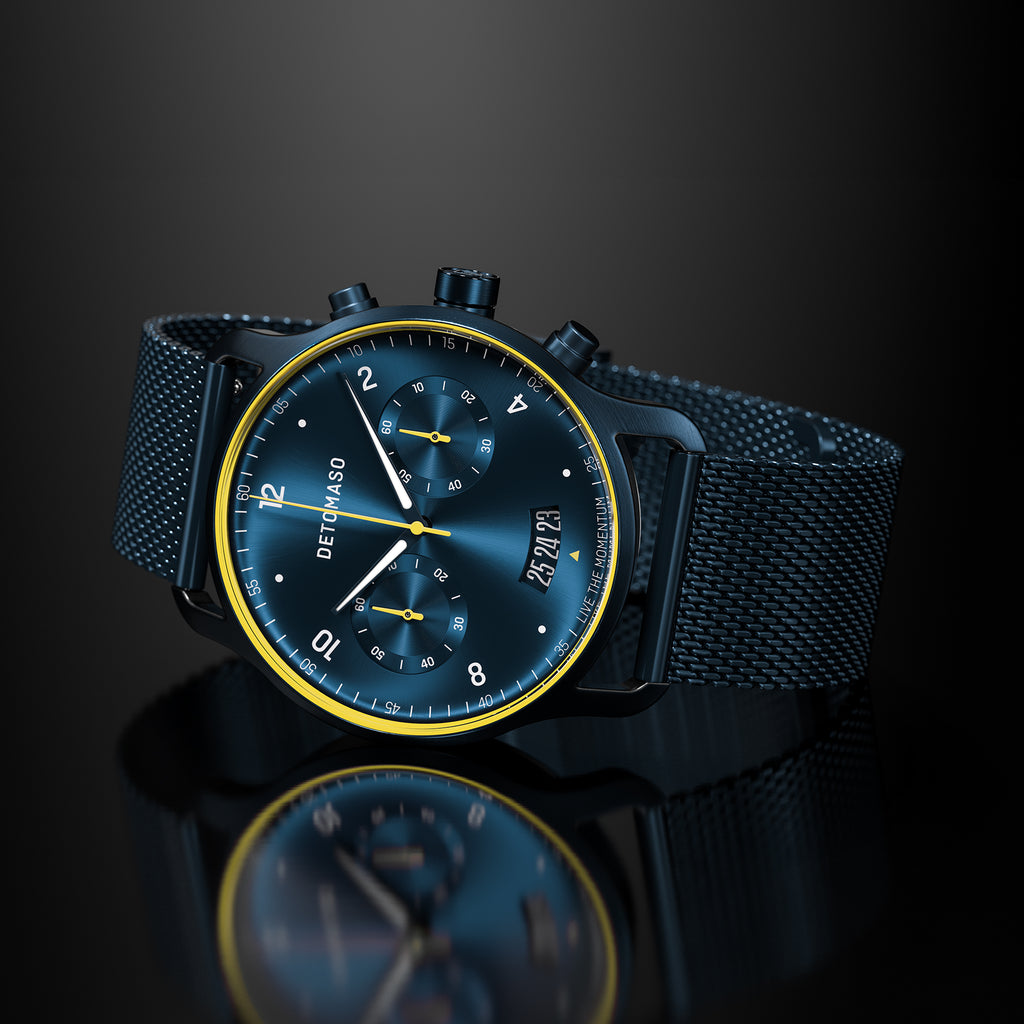 SORPASSO CHRONOGRAPH VELOCITÁ BLUE YELLOW - Mesh Dark blue Brushed - Detomaso Watches