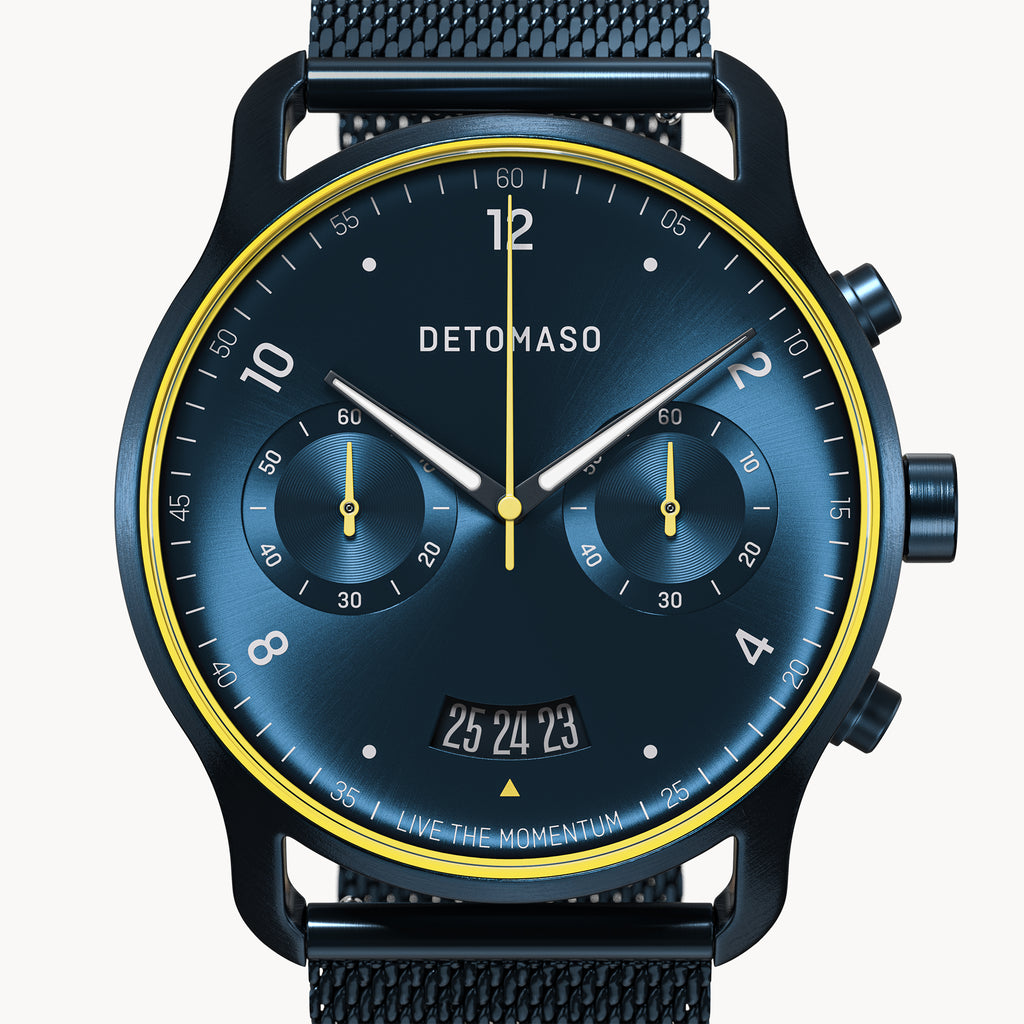 SORPASSO CHRONOGRAPH VELOCITÁ BLUE YELLOW - Mesh Dark blue Brushed - Detomaso Watches