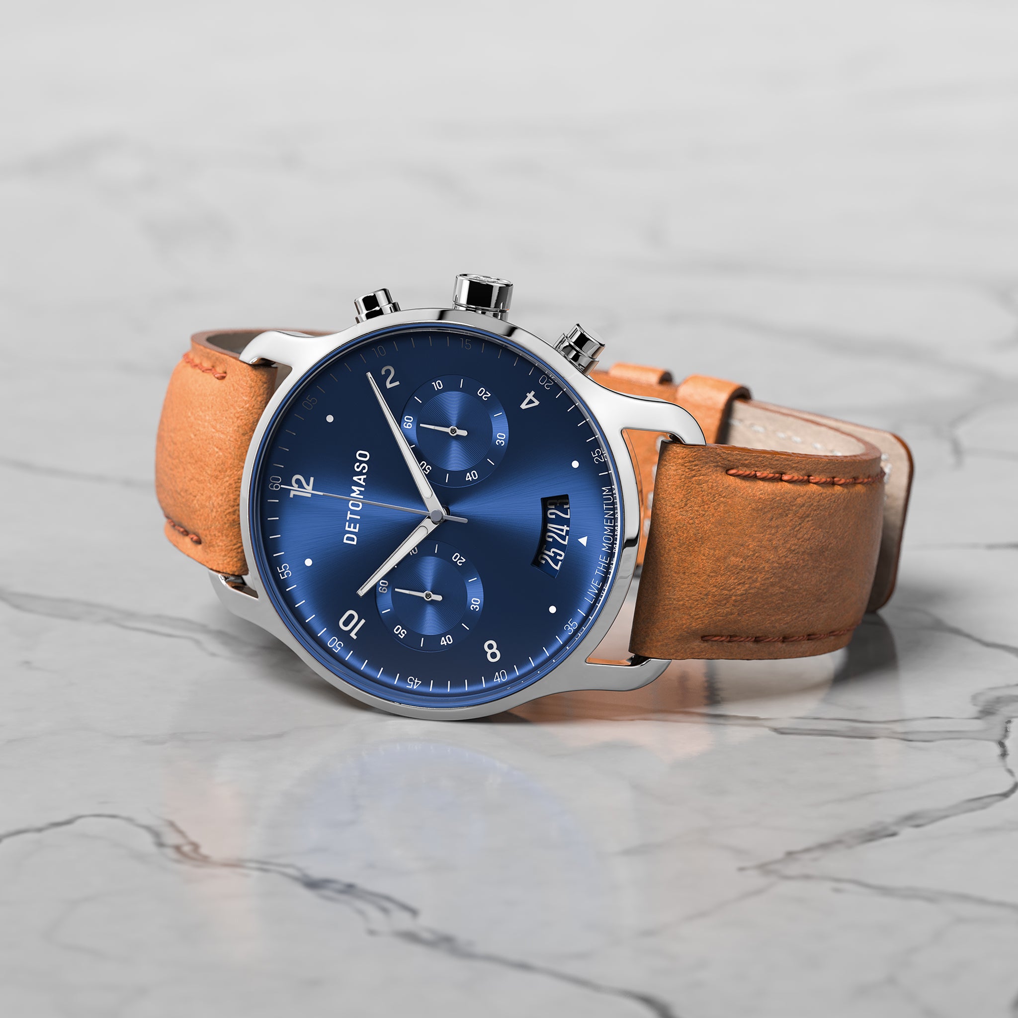 SORPASSO CHRONOGRAPH SILVER BLUE - Leather Brown Classic - Detomaso Watches