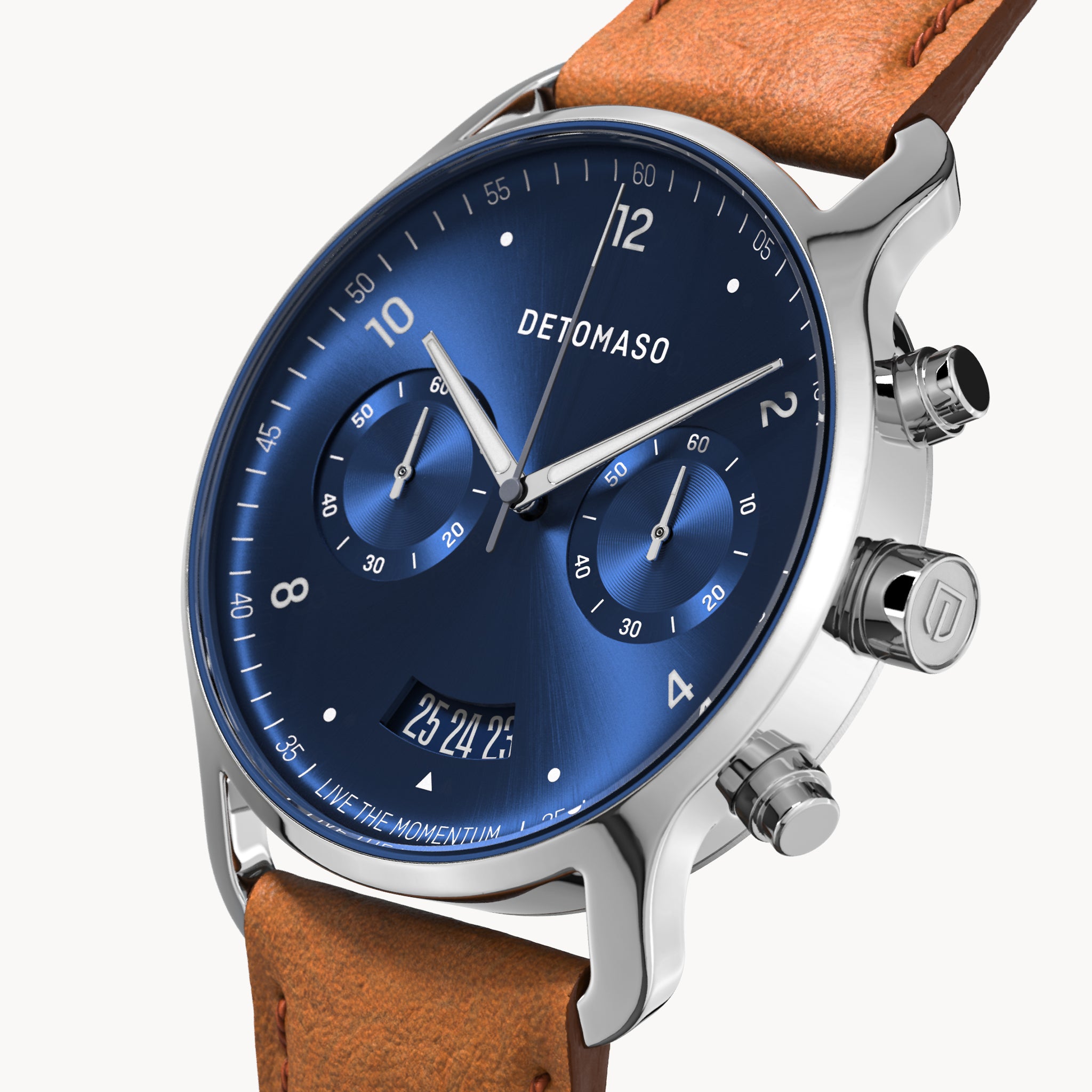 SORPASSO CHRONOGRAPH SILVER BLUE - Leather Brown Classic - Detomaso Watches