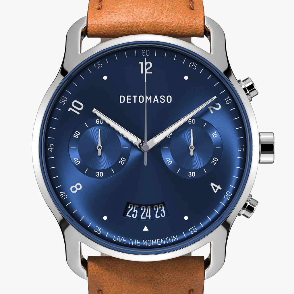 SORPASSO CHRONOGRAPH SILVER BLUE - Leather Brown Classic - Detomaso Watches