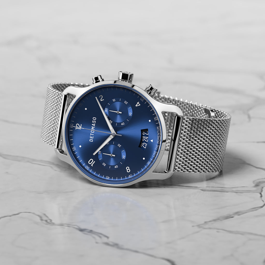 SORPASSO CHRONOGRAPH SILVER BLUE - Mesh Silver Glossy - Detomaso Watches