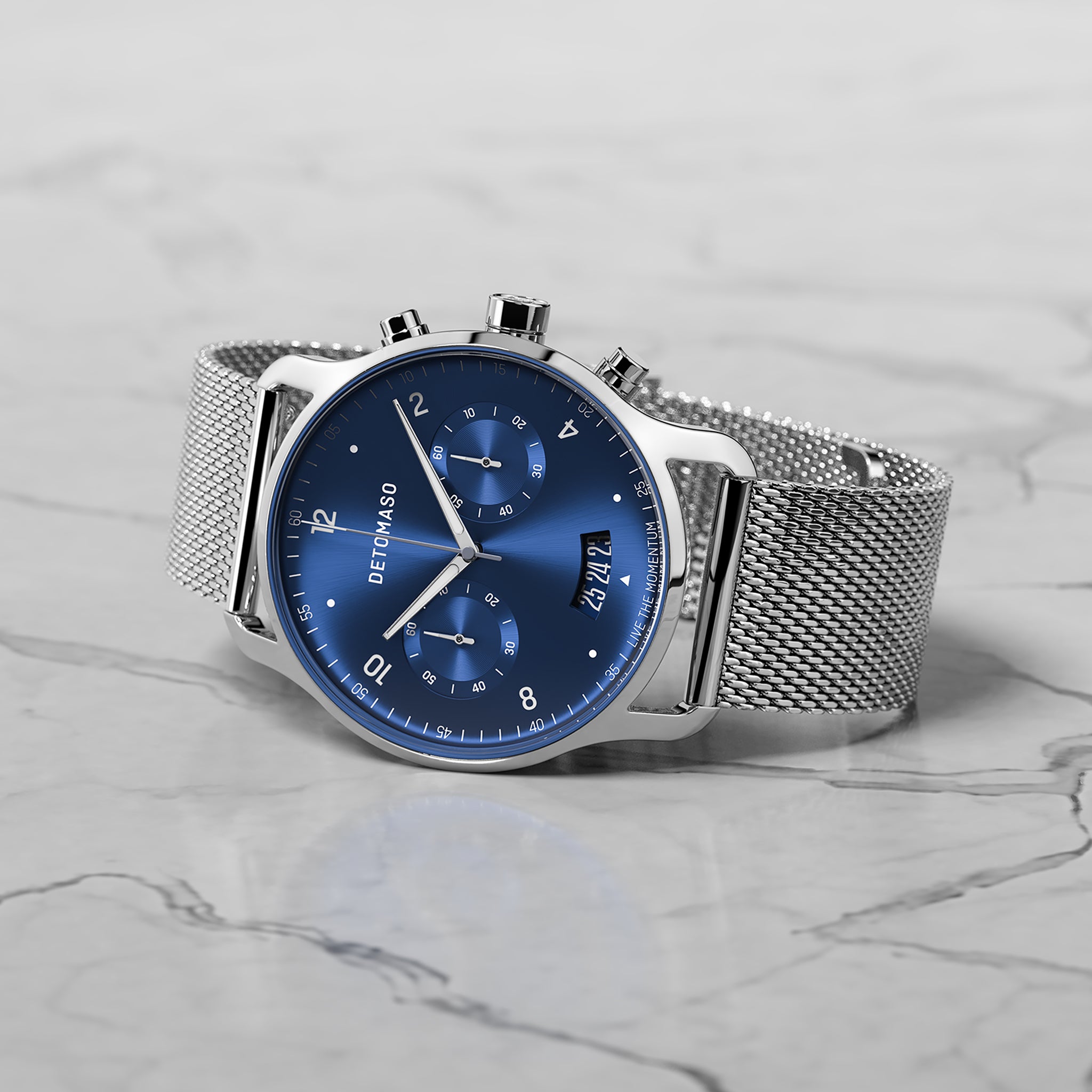 SORPASSO CHRONOGRAPH SILVER BLUE - Mesh Silver Glossy - Detomaso Watches