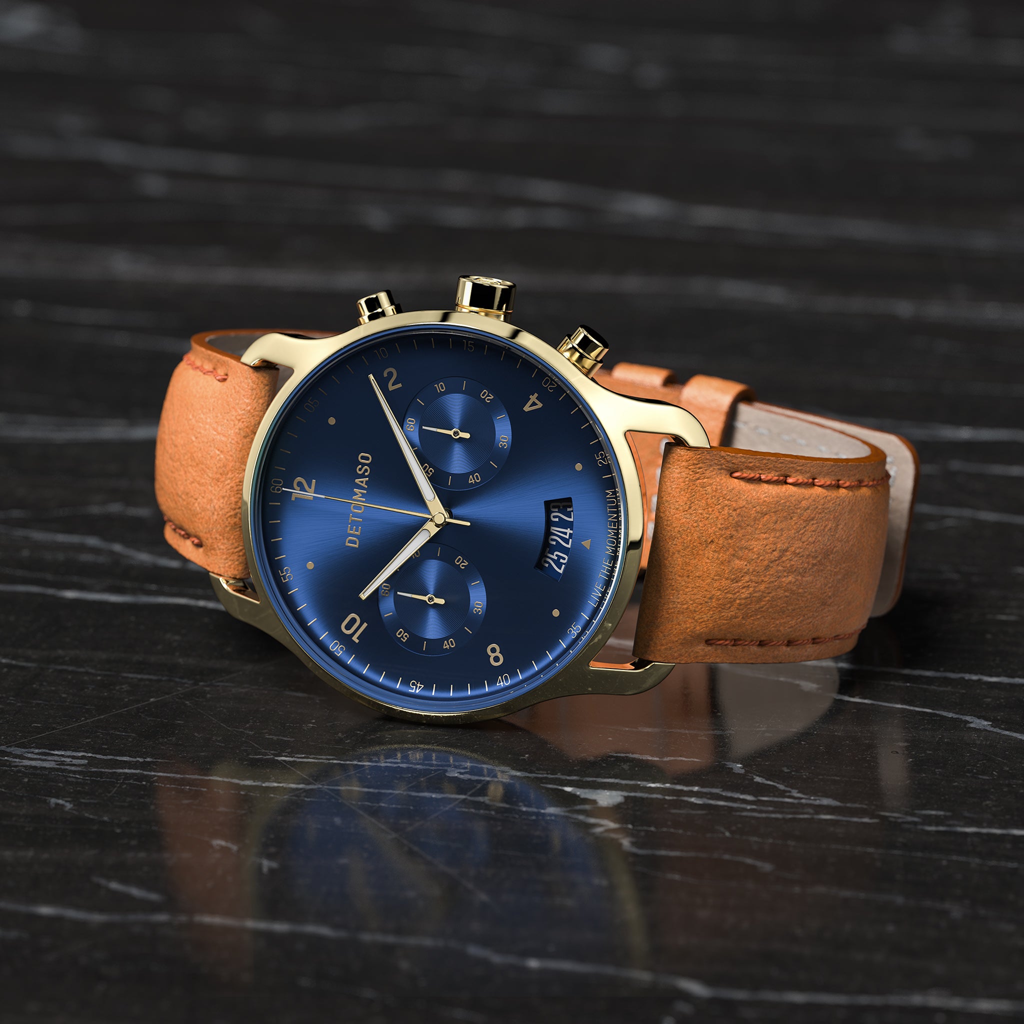 SORPASSO CHRONOGRAPH GOLD BLUE - Leather Brown Classic - Detomaso Watches
