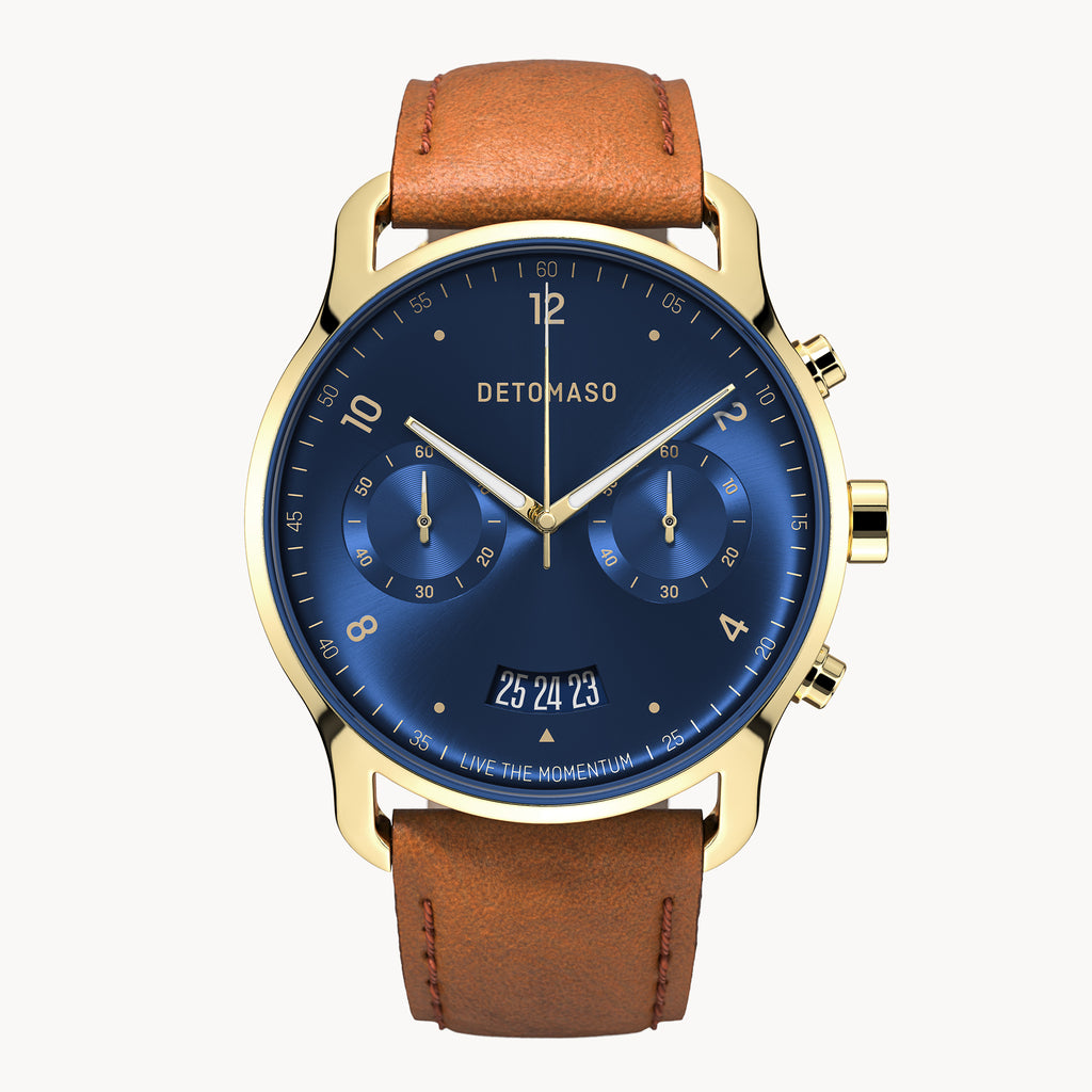 SORPASSO CHRONOGRAPH GOLD BLUE - Leather Brown Classic - Detomaso Watches
