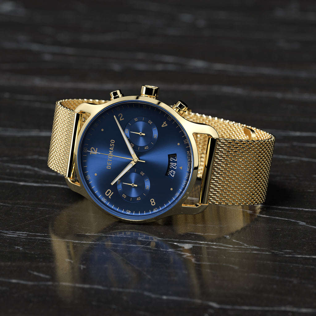 SORPASSO CHRONOGRAPH GOLD BLUE - Mesh Gold Glossy - Detomaso Watches