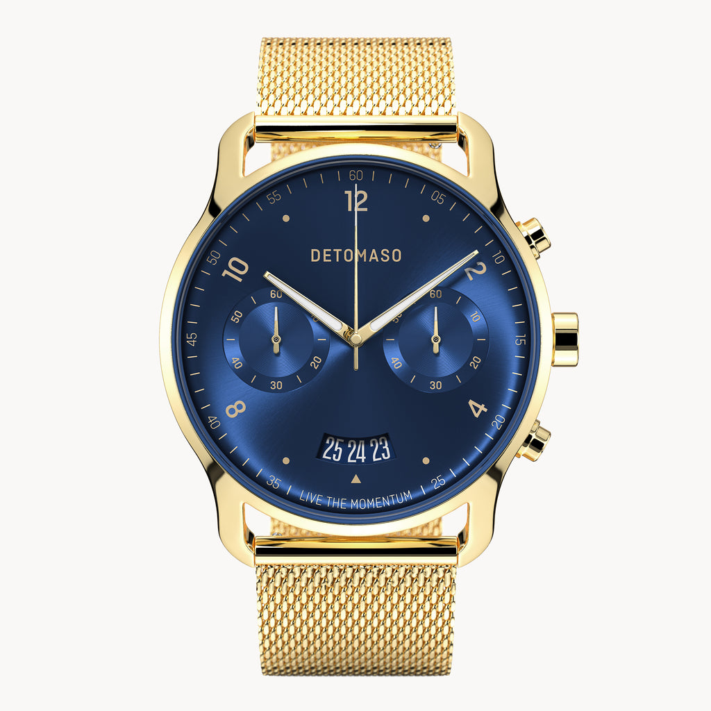 SORPASSO CHRONOGRAPH GOLD BLUE - Mesh Gold Glossy - Detomaso Watches