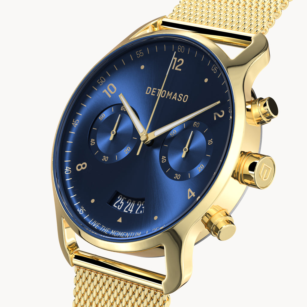 SORPASSO CHRONOGRAPH GOLD BLUE - Mesh Gold Glossy - Detomaso Watches