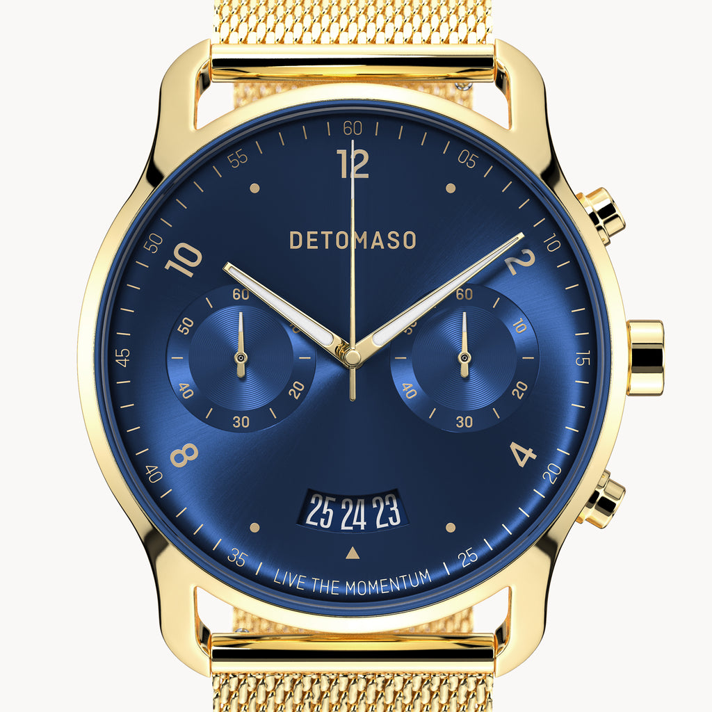 SORPASSO CHRONOGRAPH GOLD BLUE - Mesh Gold Glossy - Detomaso Watches