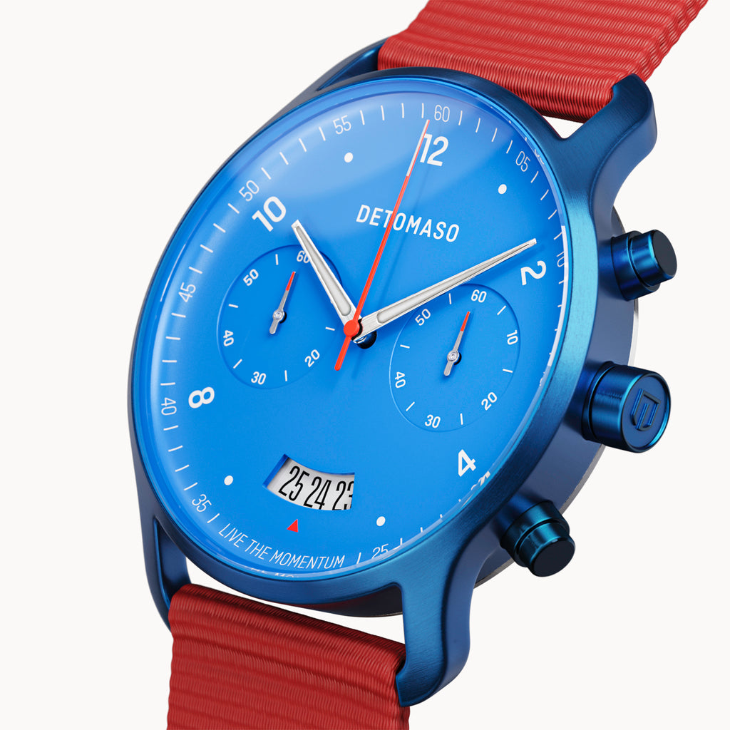 SORPASSO CHRONO MATTE BLUE - Ocean Plastic Red Woven - Detomaso Watches