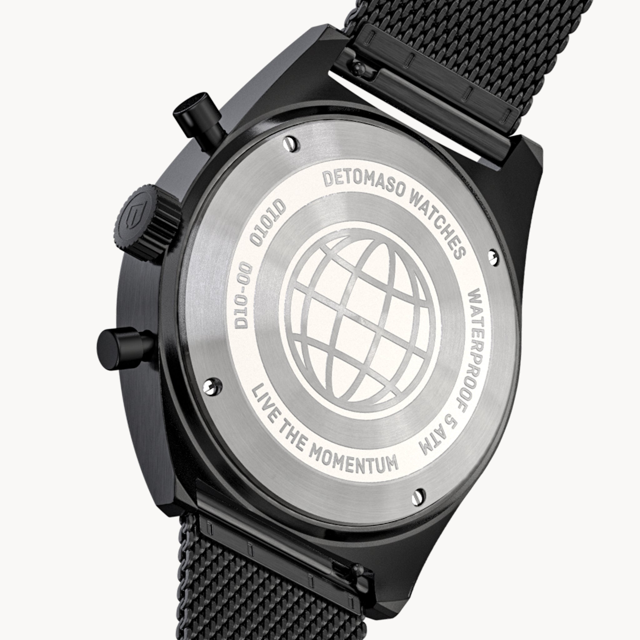 D10 CHRONO BLACK WHITE - Mesh Black Brushed Matte - Detomaso Watches
