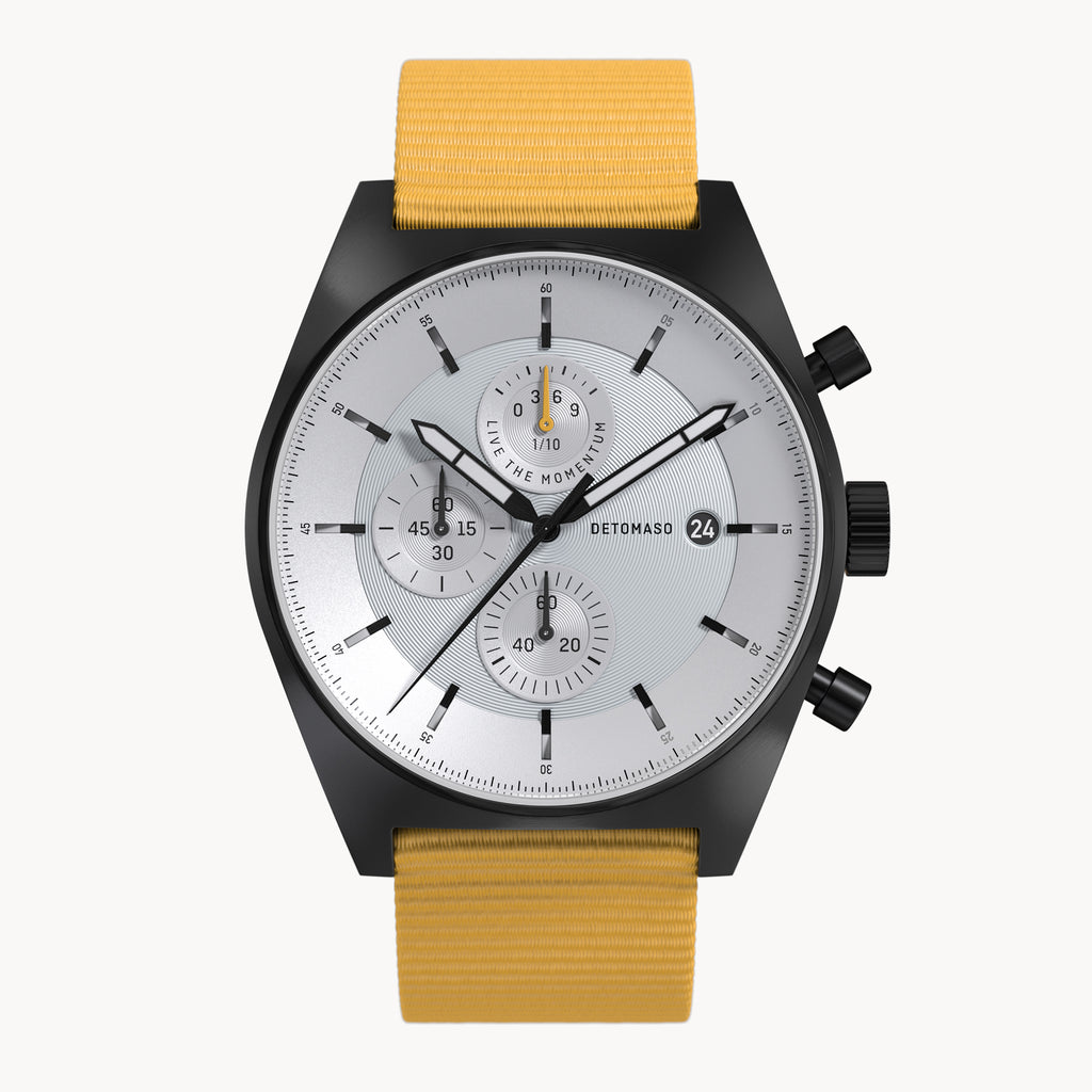 D10 CHRONO BLACK WHITE - Ocean Plastic Yellow Woven - Detomaso Watches