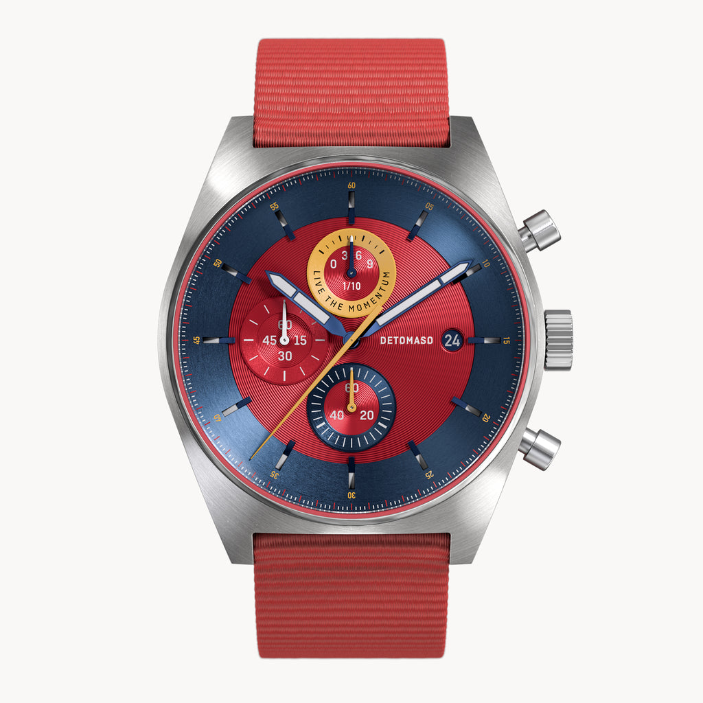D10 CHRONO BLUE RED - Ocean Plastic Red Woven - Detomaso Watches