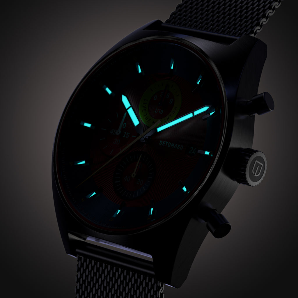 D10 CHRONO BLUE RED - Mesh Silver Brushed - Detomaso Watches