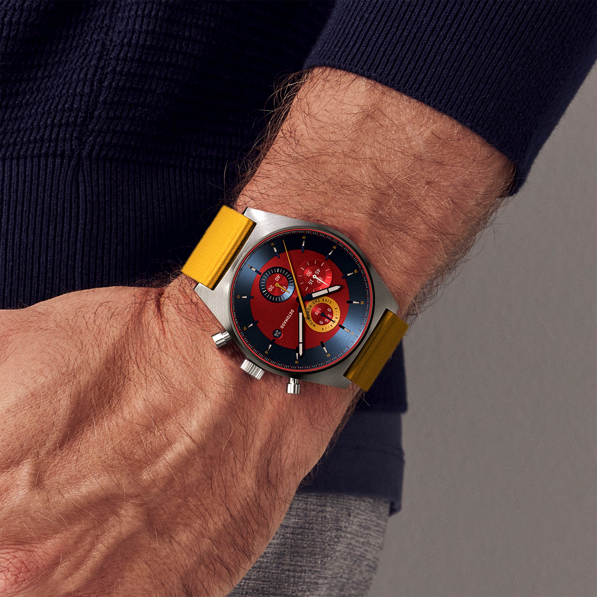 D10 CHRONO BLUE RED - Ocean Plastic Yellow Woven - Detomaso Watches