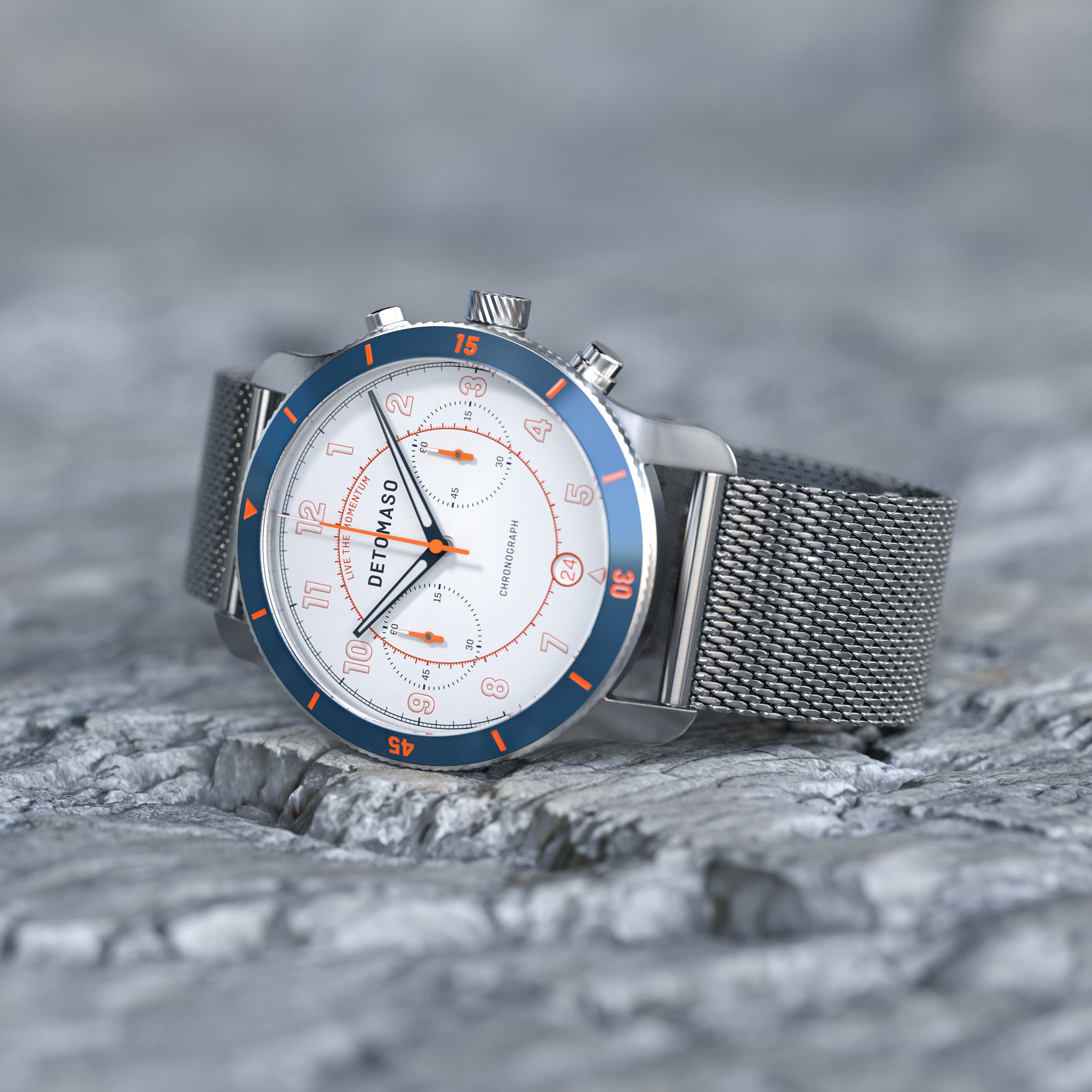 VENTURE CHRONOGRAPH LIMITED EDITION WHITE BLUE - Mesh Silver Brushed - Detomaso Watches