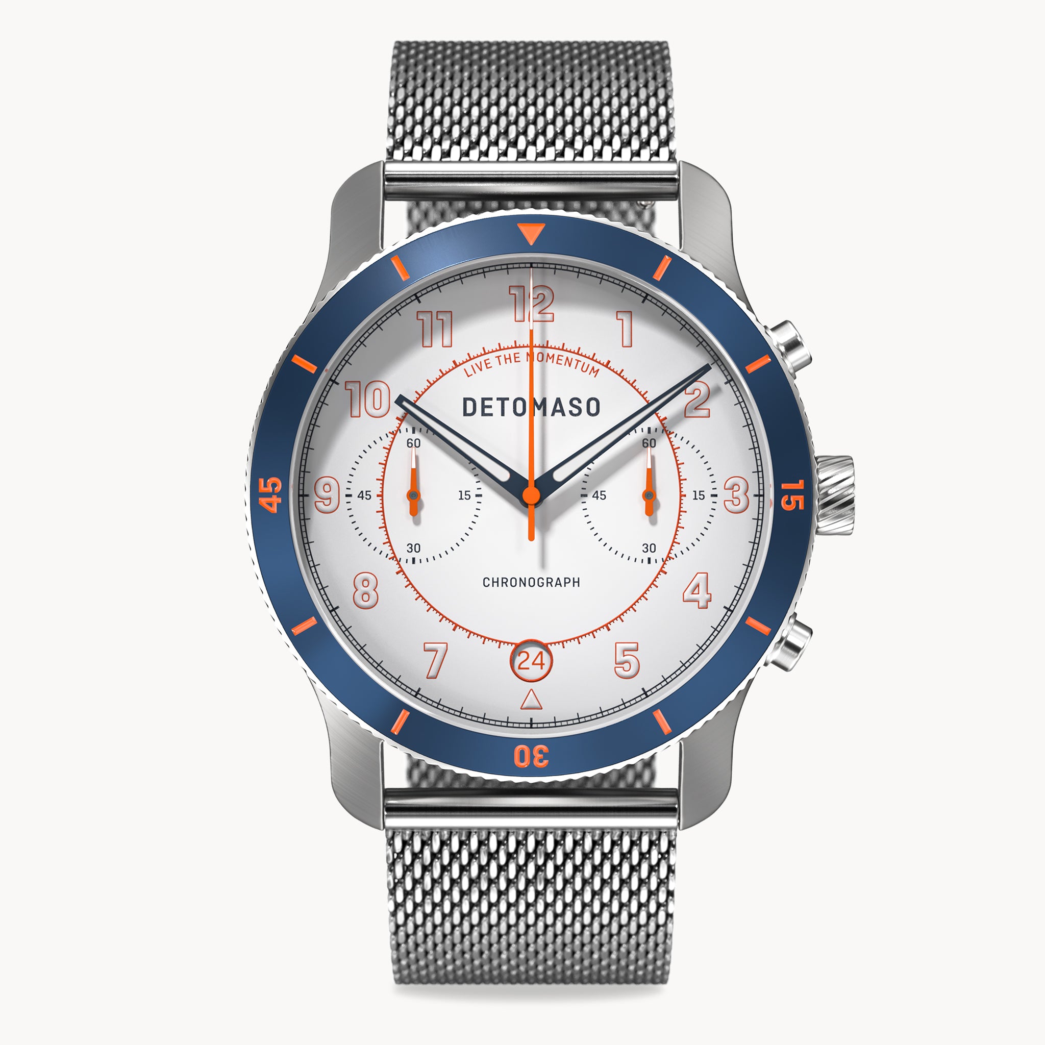 VENTURE CHRONOGRAPH LIMITED EDITION WHITE BLUE - Mesh Silver Brushed - Detomaso Watches
