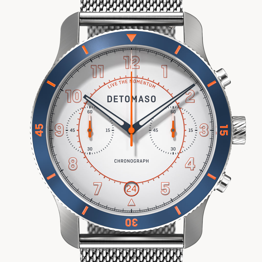 VENTURE CHRONOGRAPH LIMITED EDITION WHITE BLUE - Mesh Silver Brushed - Detomaso Watches