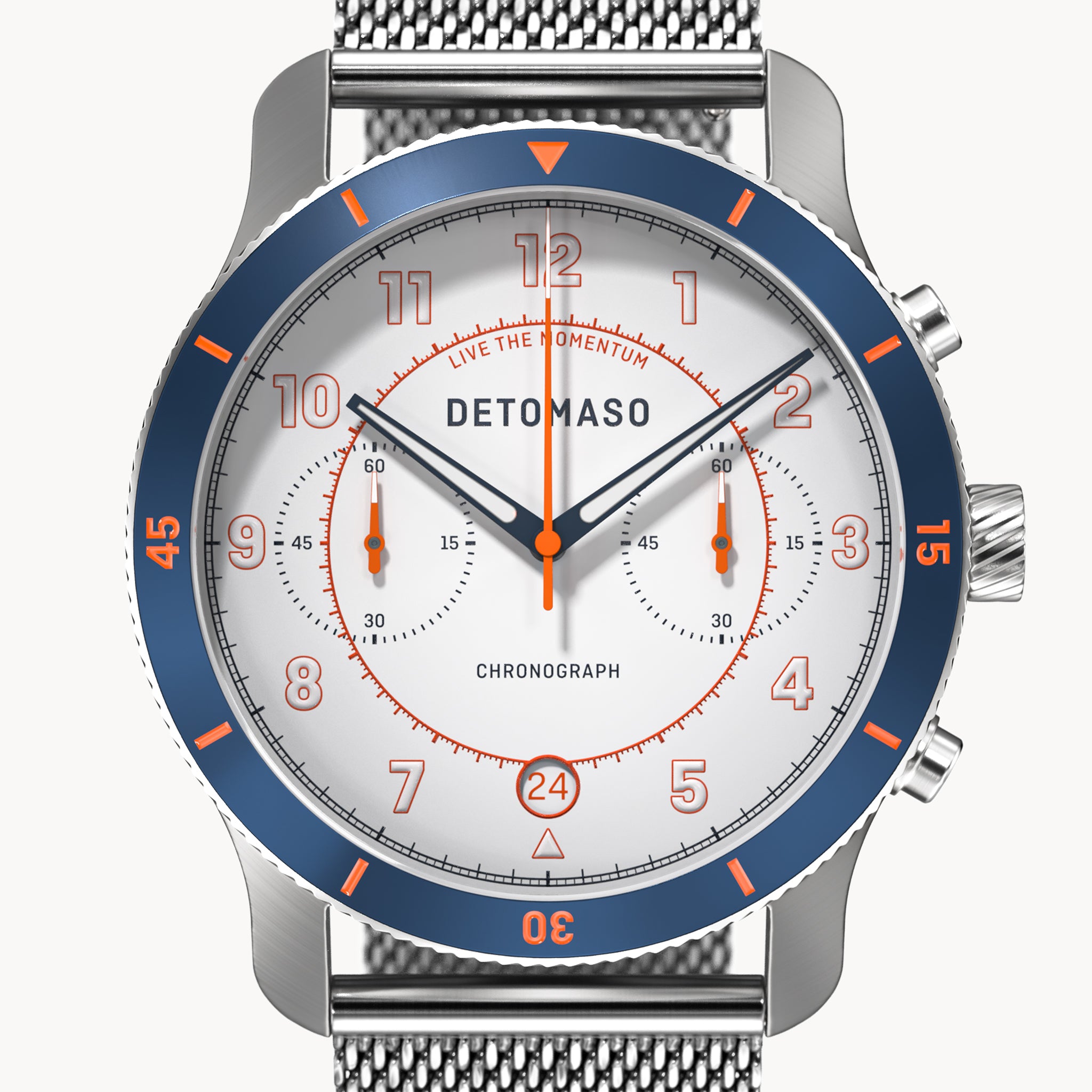 VENTURE CHRONOGRAPH LIMITED EDITION WHITE BLUE - Mesh Silver Brushed - Detomaso Watches