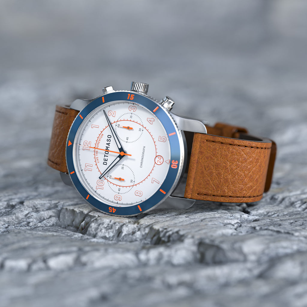 VENTURE CHRONOGRAPH LIMITED EDITION WHITE BLUE - Leather Brown Venere - Detomaso Watches