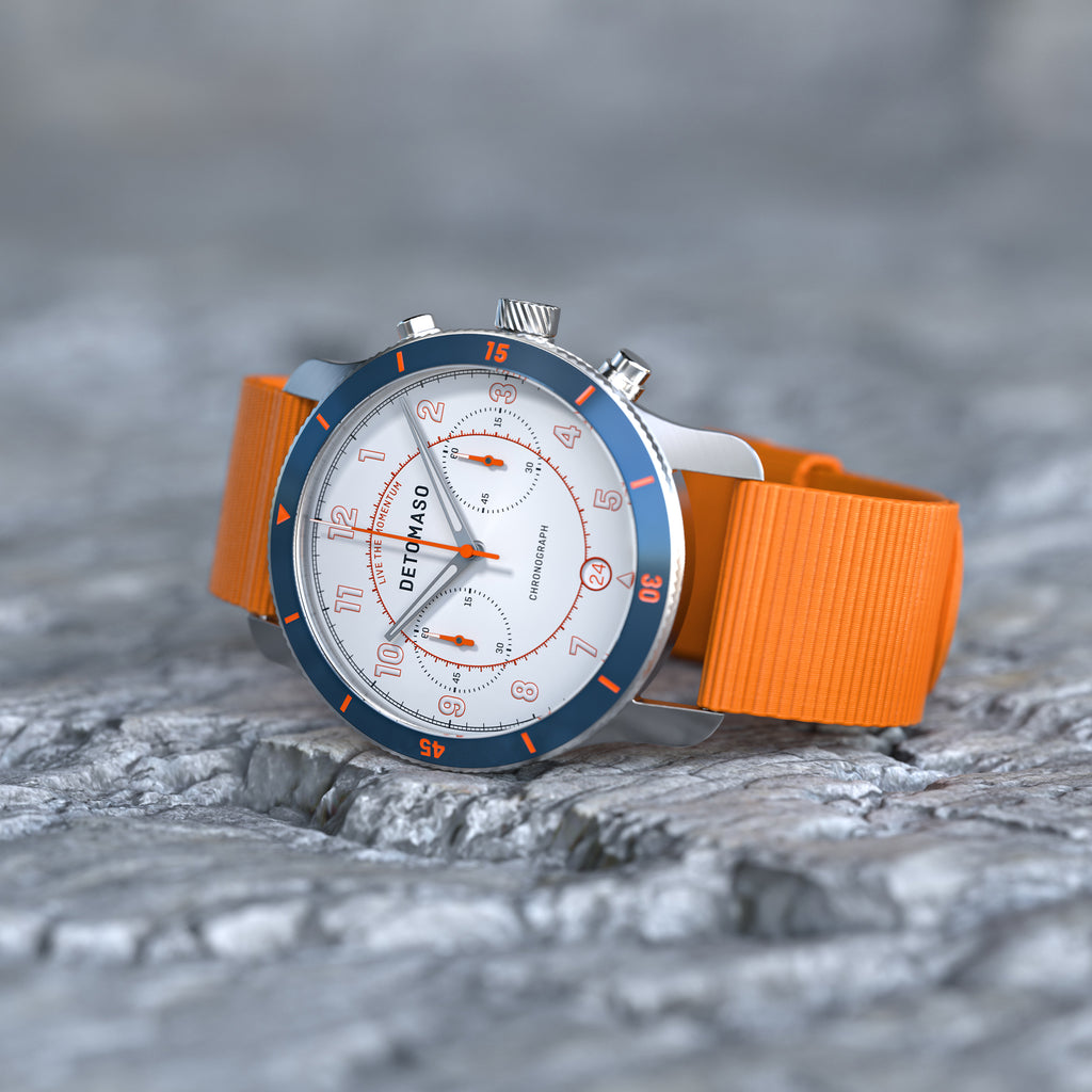 VENTURE CHRONOGRAPH LIMITED EDITION WHITE BLUE - Ocean Plastic Orange Woven - Detomaso Watches