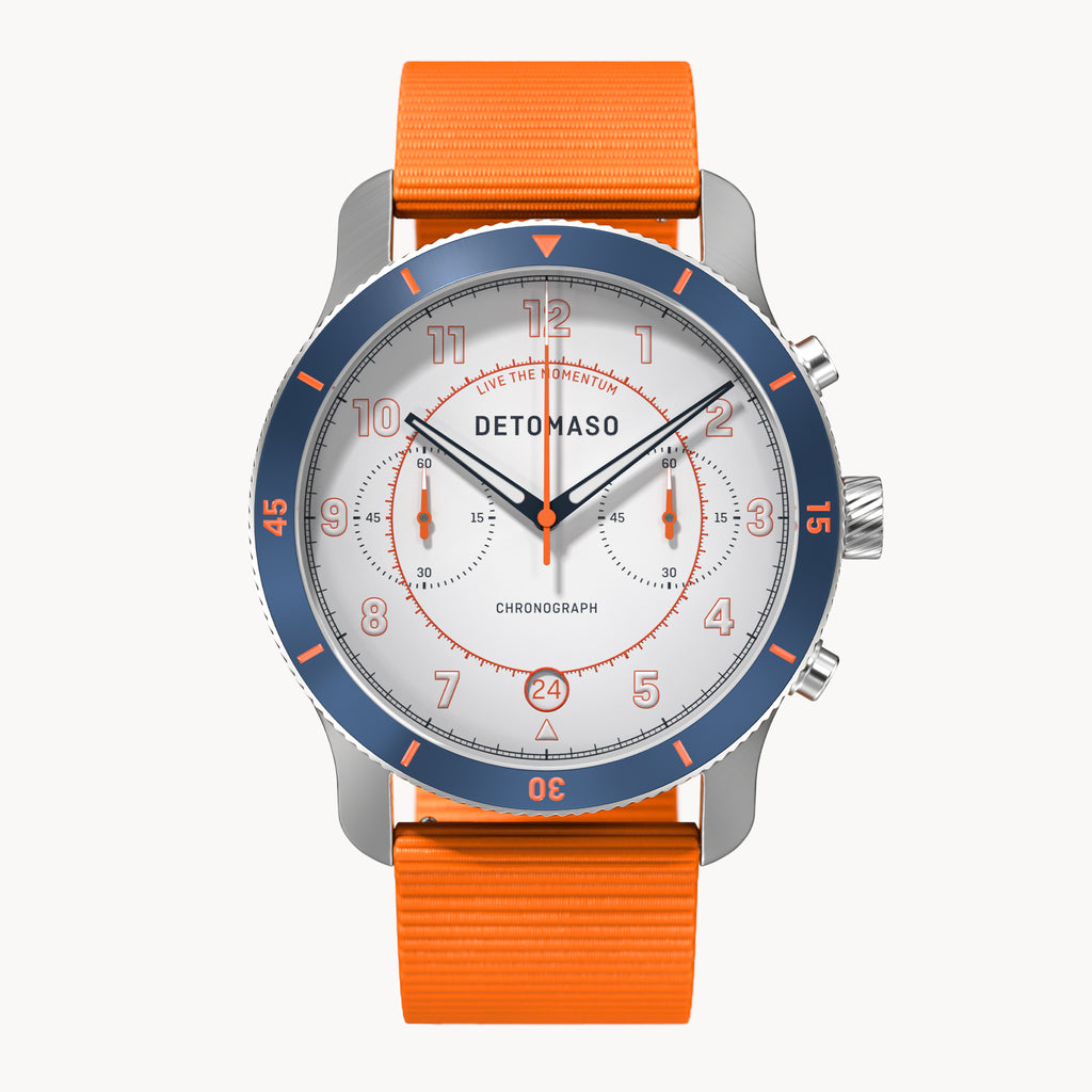 VENTURE CHRONOGRAPH LIMITED EDITION WHITE BLUE - Ocean Plastic Orange Woven - Detomaso Watches