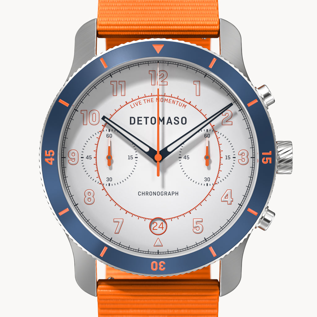 VENTURE CHRONOGRAPH LIMITED EDITION WHITE BLUE - Ocean Plastic Orange Woven - Detomaso Watches