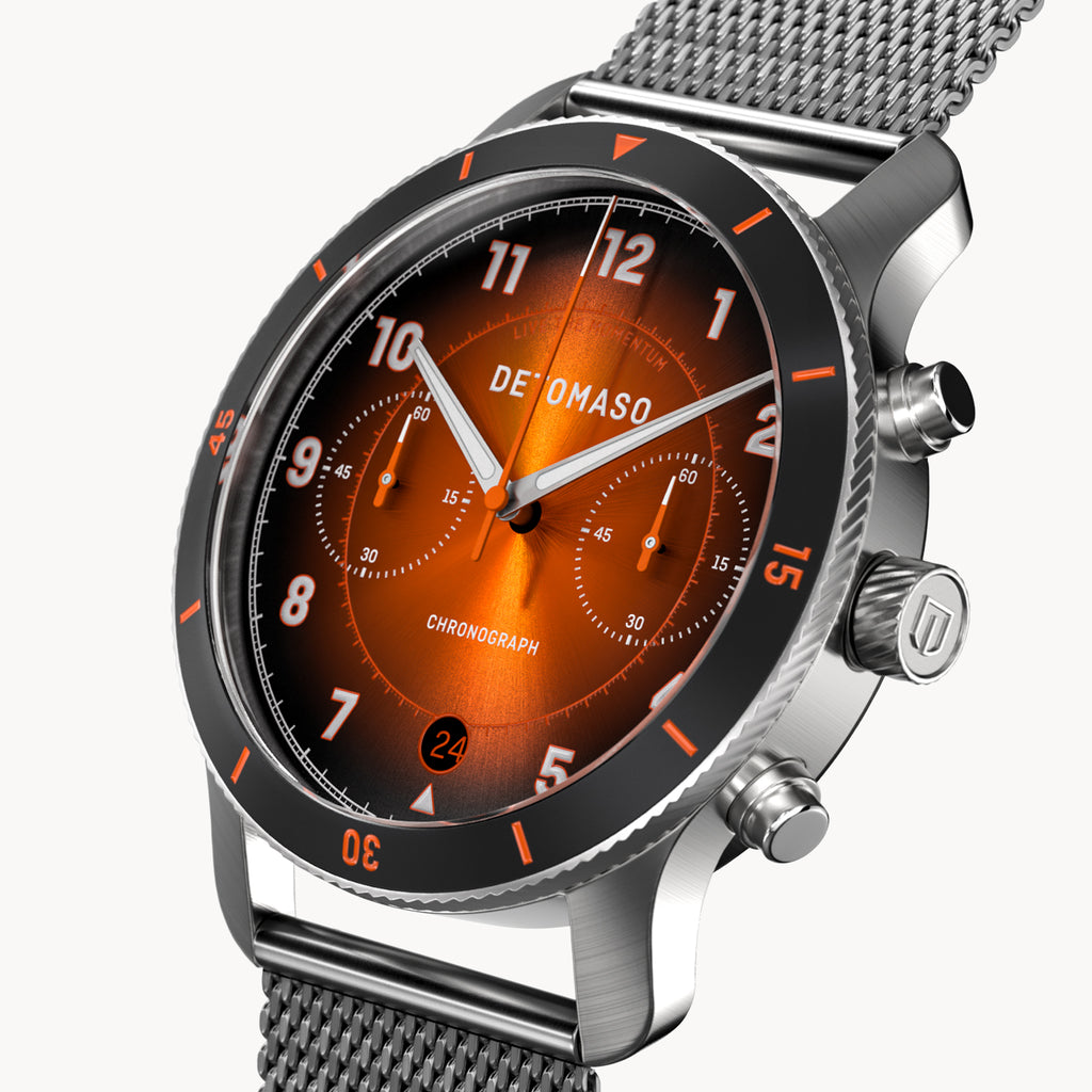 VENTURE CHRONOGRAPH LIMITED EDITION BLACK ORANGE - Mesh Silver Brushed - Detomaso Watches