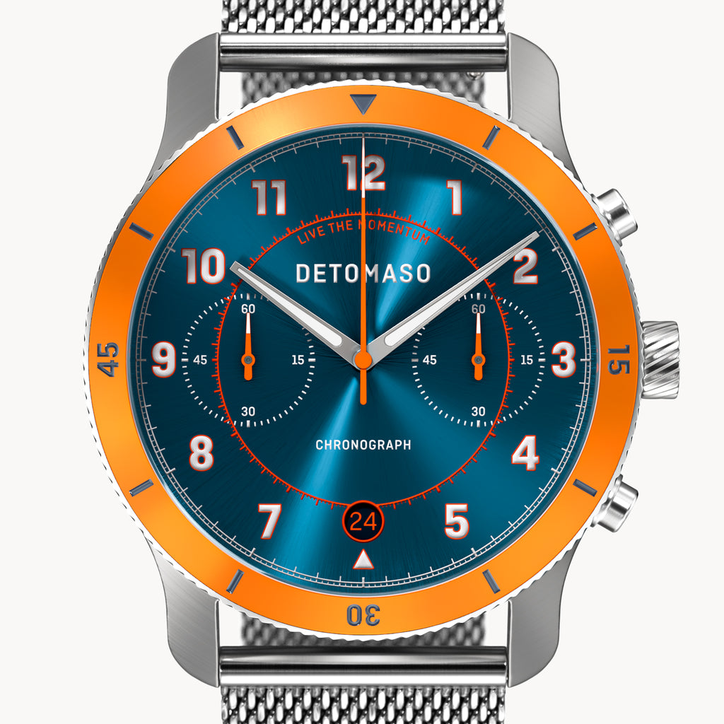 VENTURE CHRONOGRAPH LIMITED EDITION BLUE ORANGE - Mesh Silver Brushed - Detomaso Watches
