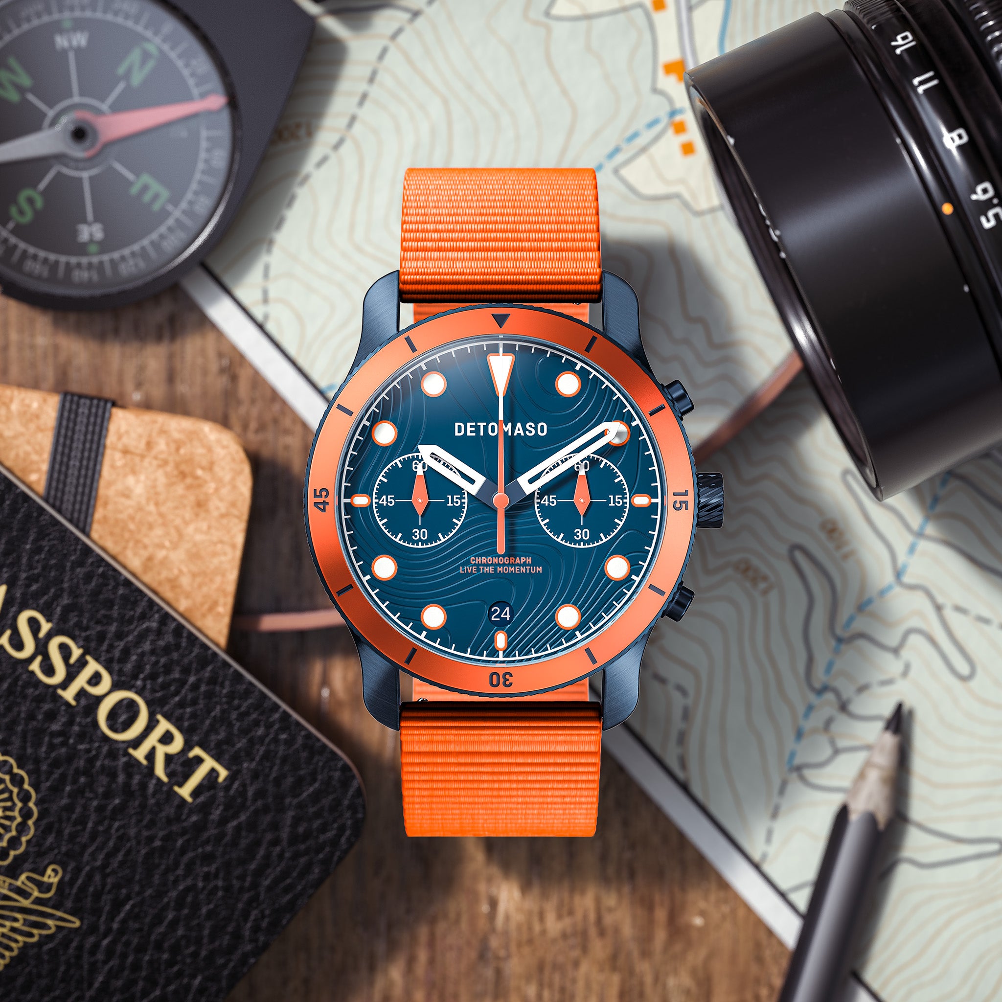 VENTURE CHRONOGRAPH 
TOPO BLUE - Ocean Plastic Orange Woven - Detomaso Watches
