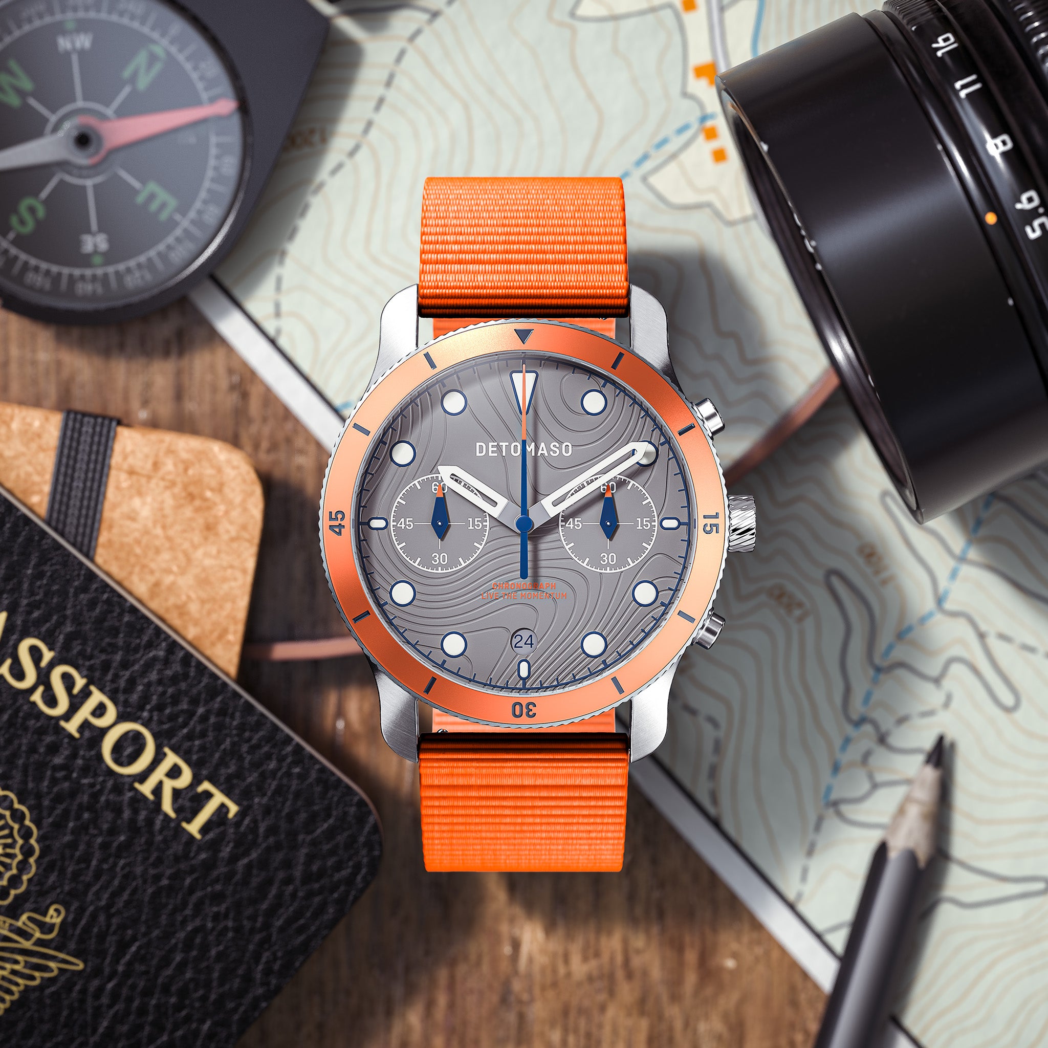 VENTURE CHRONOGRAPH TOPO GRAY - Ocean Plastic Orange Woven - Detomaso Watches