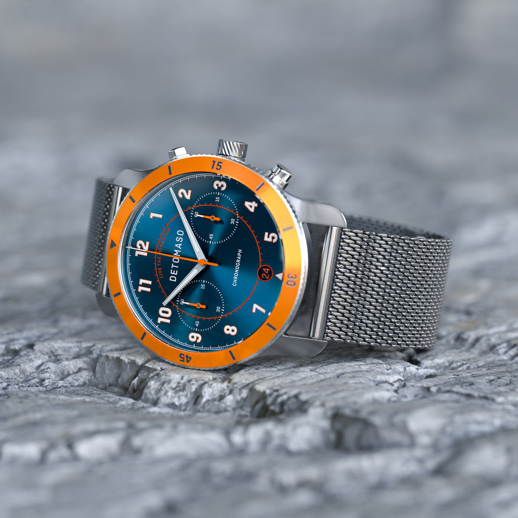 VENTURE CHRONOGRAPH BLUE ORANGE - Mesh Silver Brushed - Detomaso Watches