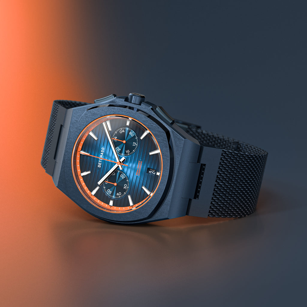 VOLTRE CHRONOGRAPH FIRST EDITION BLUE ORANGE - Mesh Blue Brushed Matte - Detomaso Watches