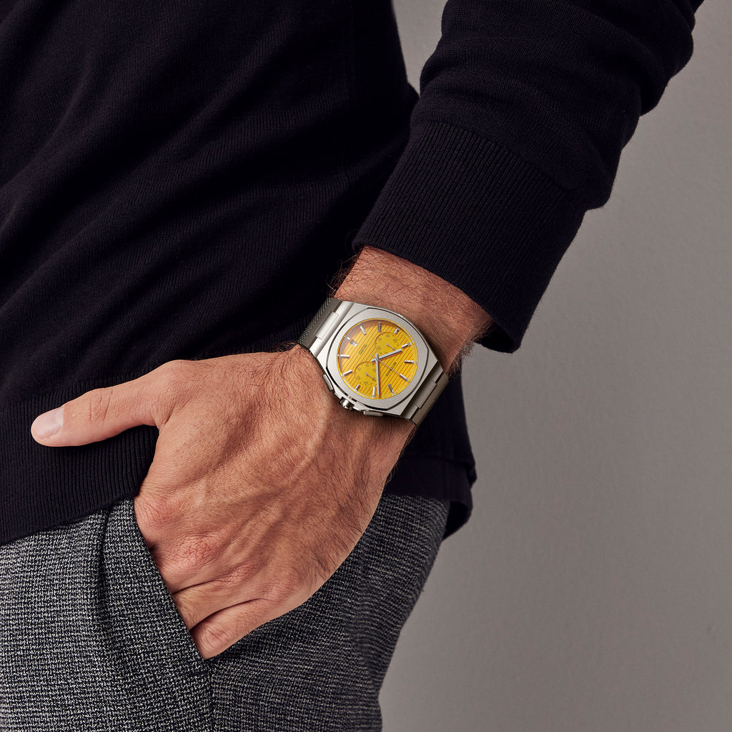 VOLTRE CHRONOGRAPH FIRST EDITION GIALLO - Mesh Silver Brushed - Detomaso Watches