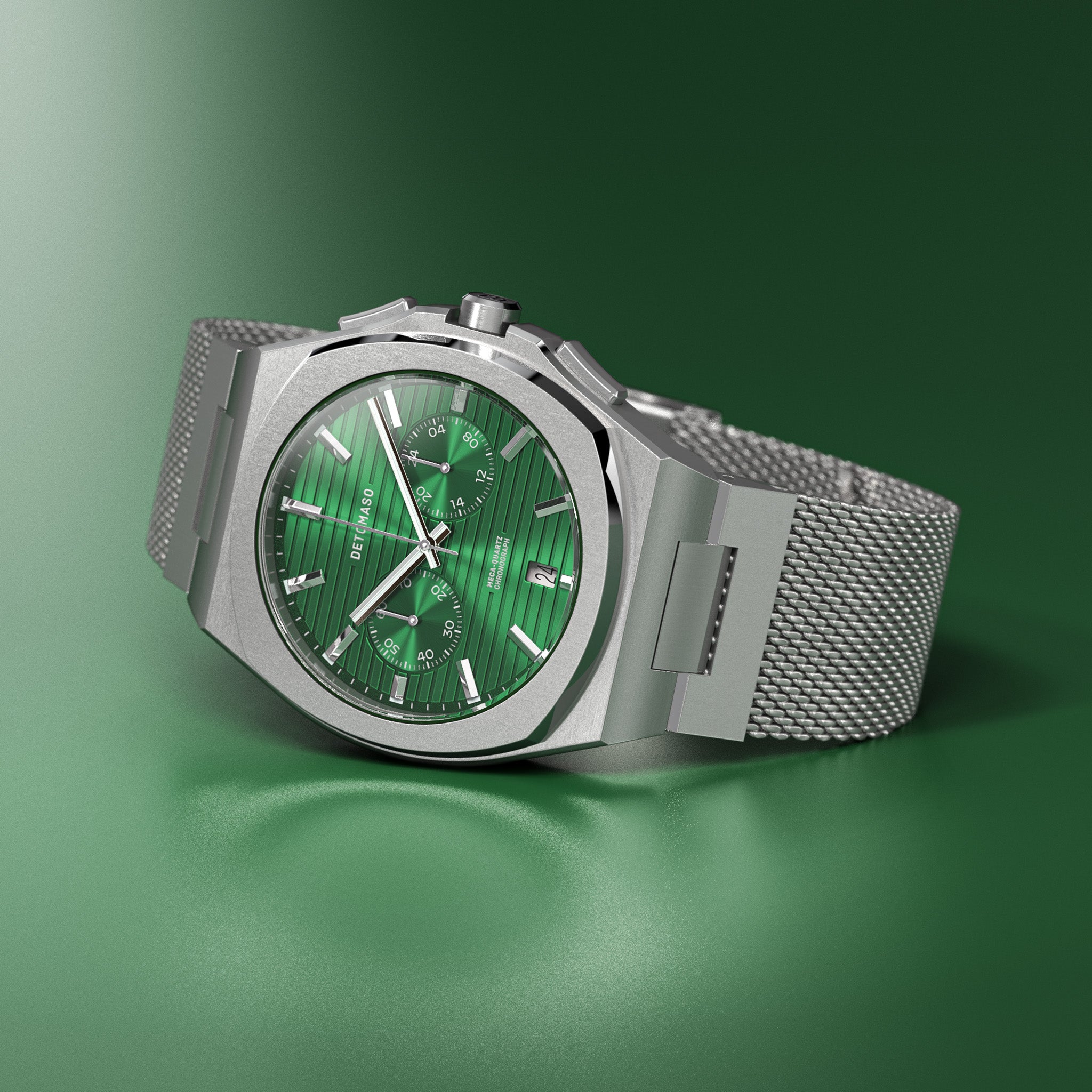 VOLTRE CHRONOGRAPH FIRST EDITION GREEN - Mesh Silver Brushed - Detomaso Watches