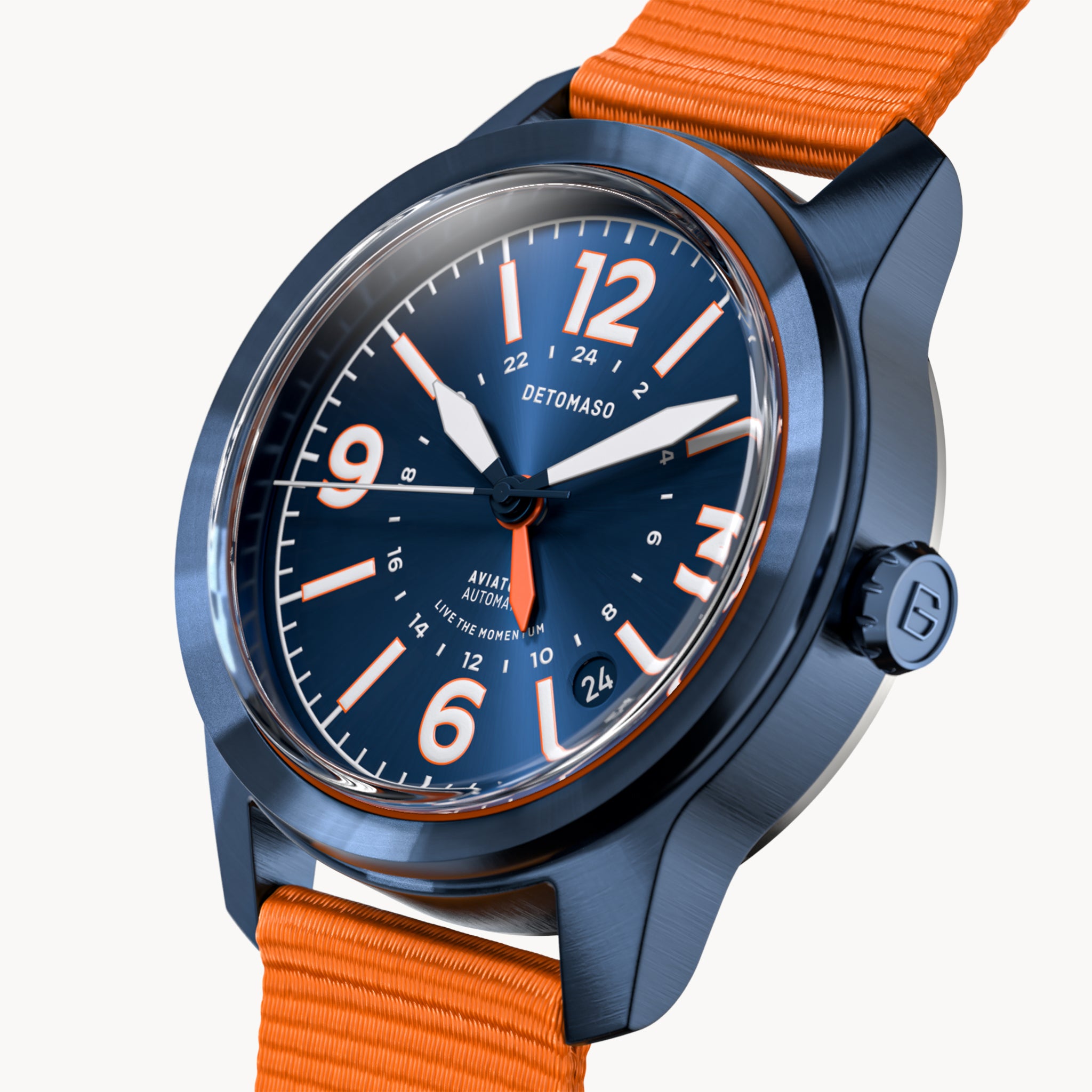 AVIATORE AUTOMATIC GMT
 BLUE ORANGE
 - Ocean Plastic Orange Woven - Detomaso Watches